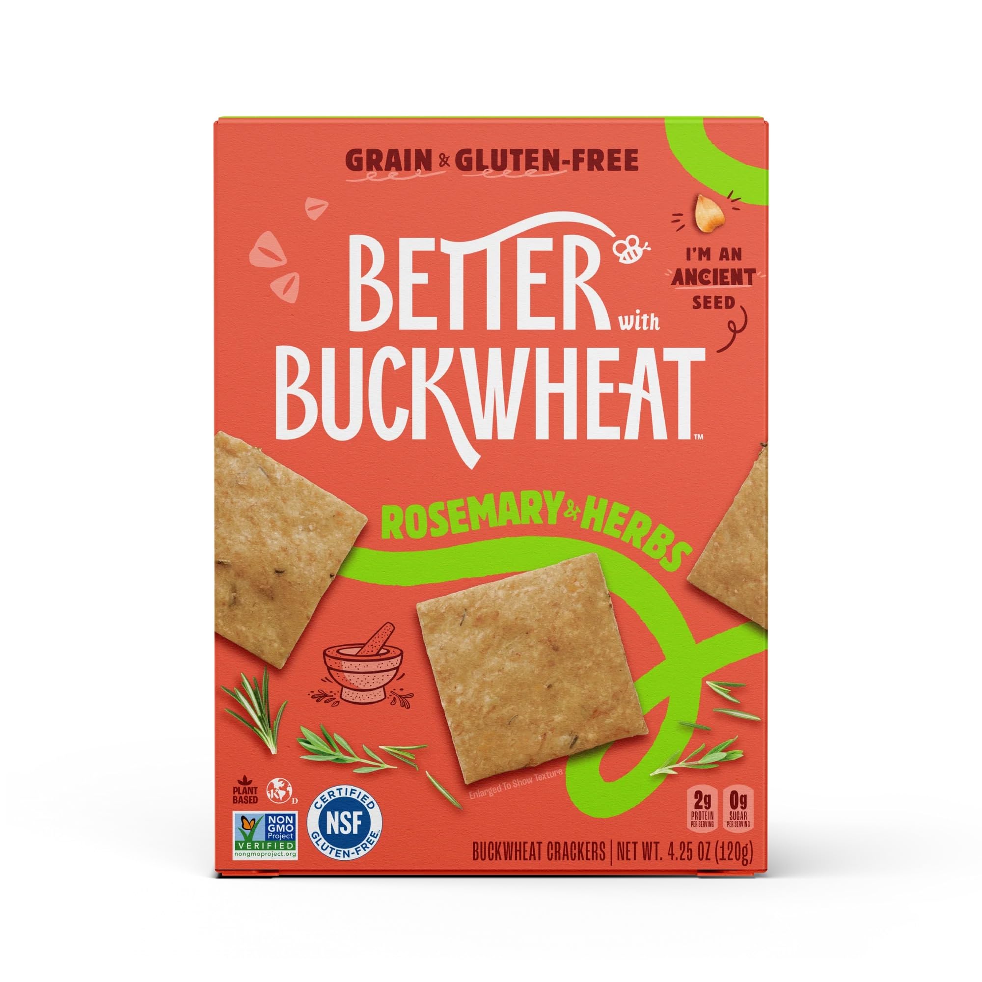 Better with Buckwheat Rosemary & Herbs Crackers, 4.25 Oz (Pack of 1) | Gluten Free, Grain Free, Non-GMO, Great for Cheese Boards, Charcuterie, Dips & Everyday Snacking, Healthy Snack