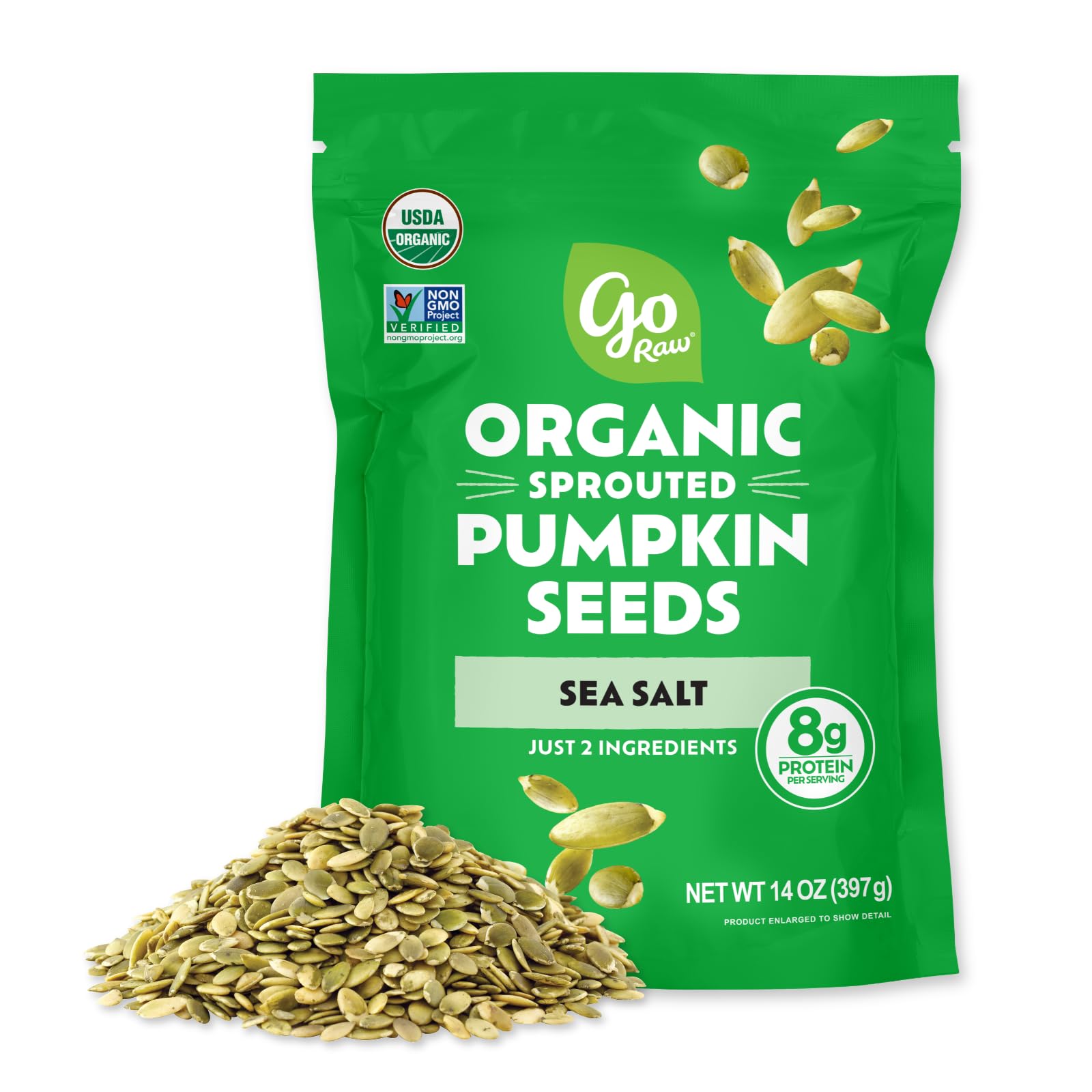 Go Raw Organic Sprouted Pumpkin Seeds - Sea Salted Pepita Snack | Keto, Non-GMO, Vegan, Gluten-Free, Kosher, Paleo, Protein-Packed Superfood, Healthy Vegan Snack for Adults and Kids, 14oz Bag