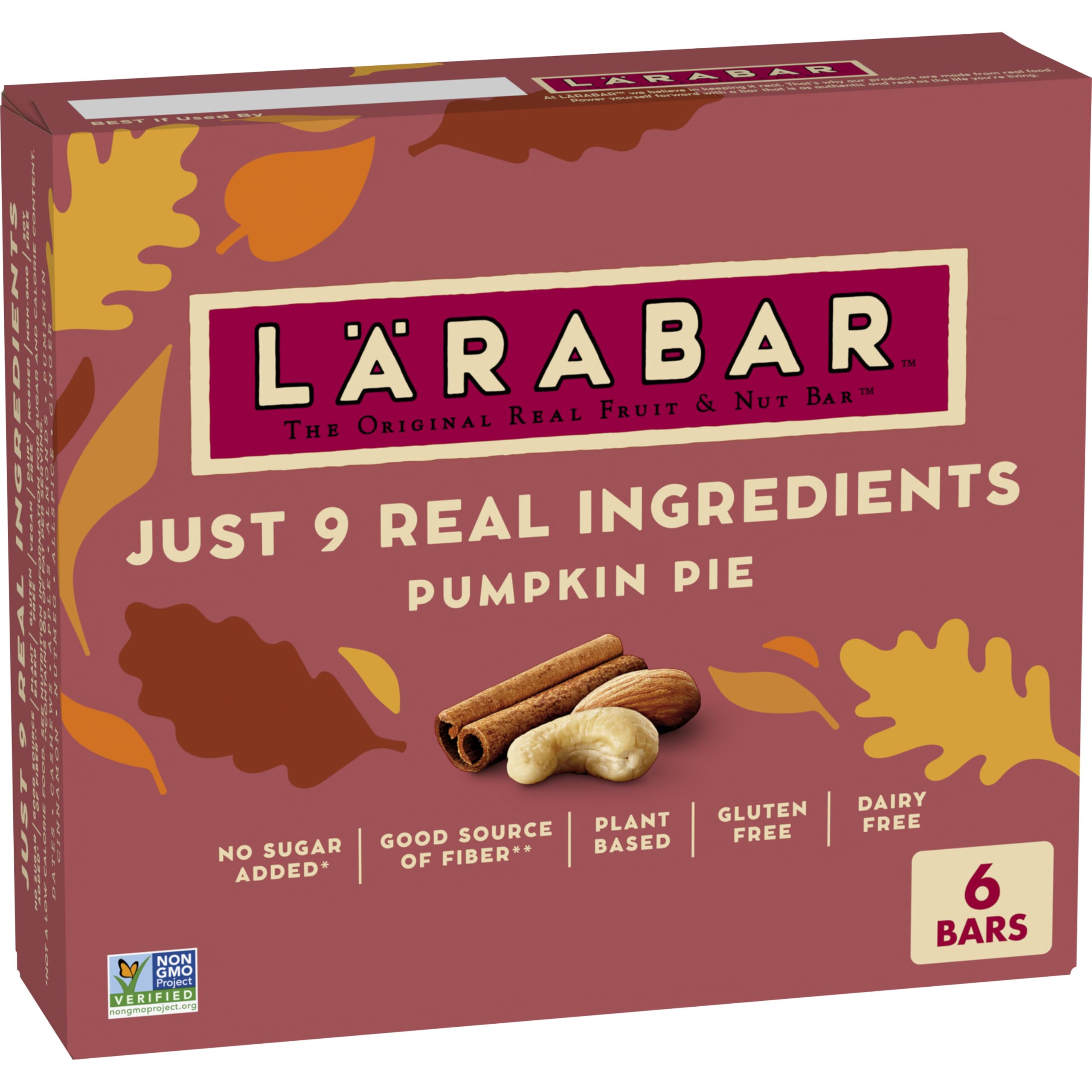 Larabar Pumpkin Pie Fruit and Nut Bars, 6 ct, 9.6 oz | Limited Edition, Gluten-Free, Vegan, Plant Based, Dairy Free, Kosher, Soy Free, Non-GMO, 9 Real Ingredients, No Sugar Added