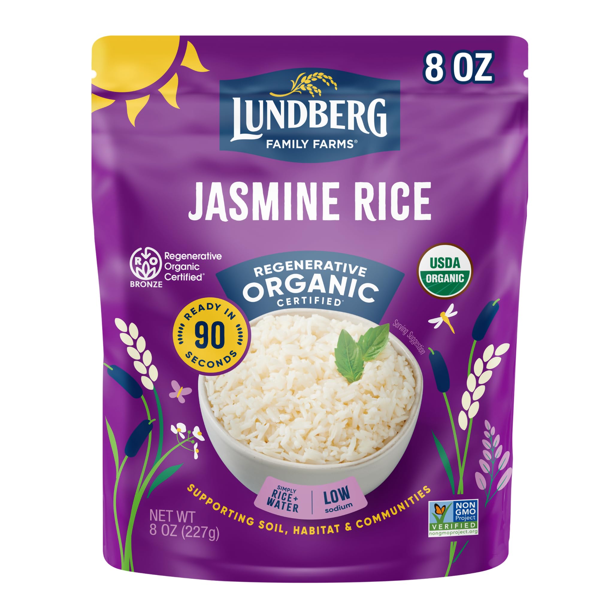 Lundberg Organic Jasmine Rice, Long Grain White Rice, 8oz | Microwave Ready in 90 Seconds, Regenerative Organic Certified, Gluten Free, Non-GMO, Non-Sticky, Fluffy & Aromatic