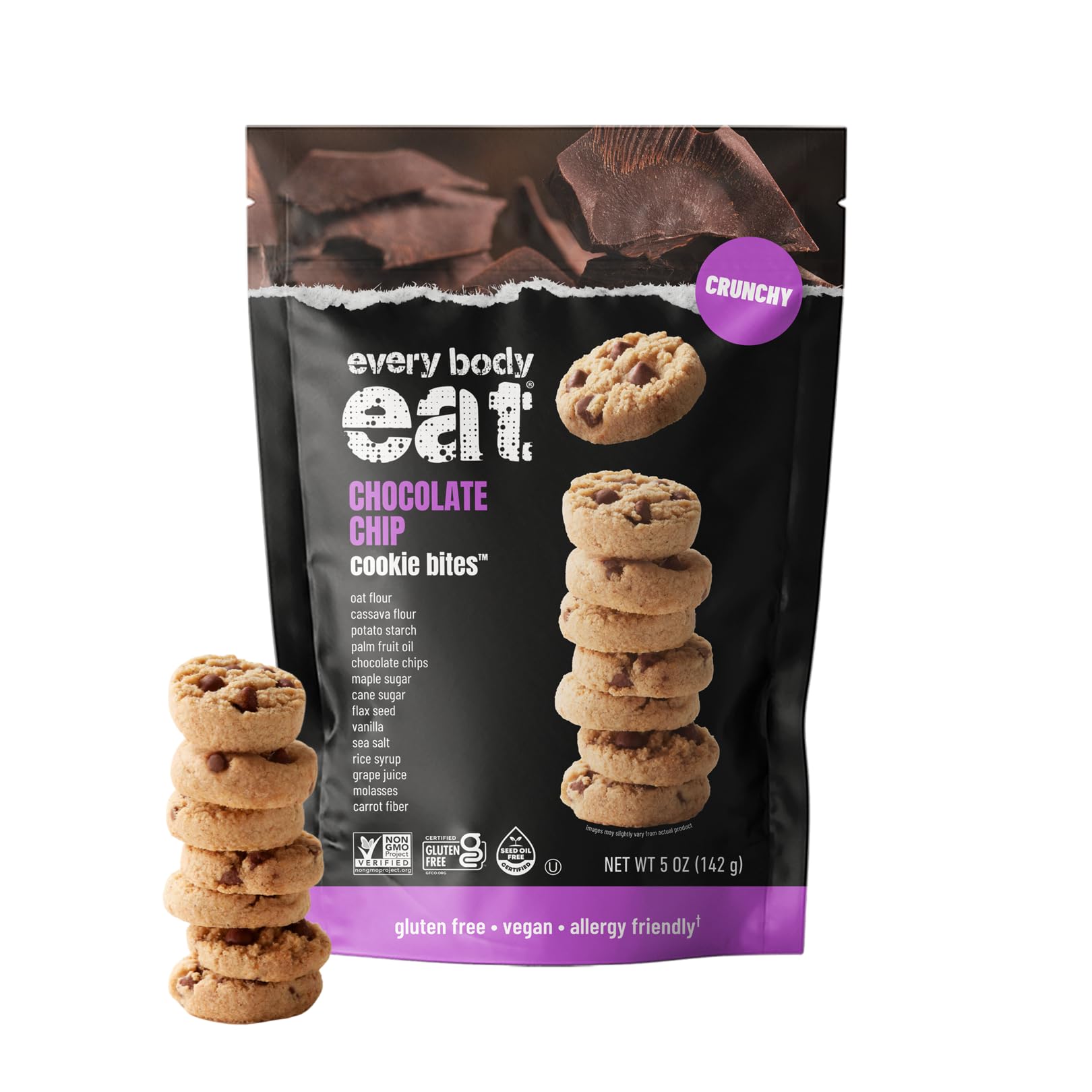 Every Body Eat Crunchy Cookie Bites, Chocolate Chip - Gluten Free, Dairy Free, Vegan Snack Cookies, 5 Ounce