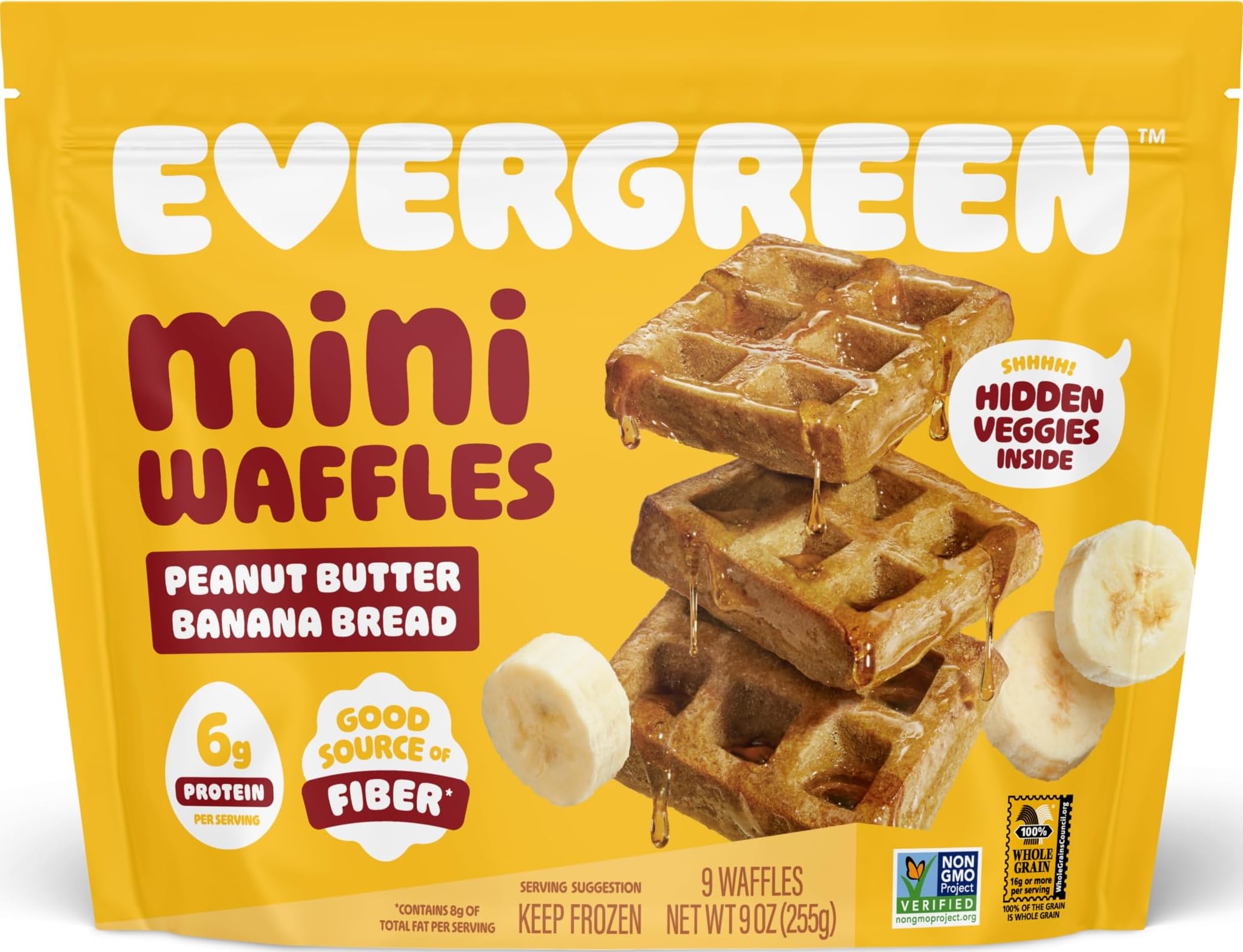 Evergreen Peanut Butter Banana Bread Waffles, 100% Whole Grain, 1 Full Combined Serving of Fruits & Veggies, Supports Gut Health, Dairy-Free, No Preservatives, 9 Frozen Waffles per Bag