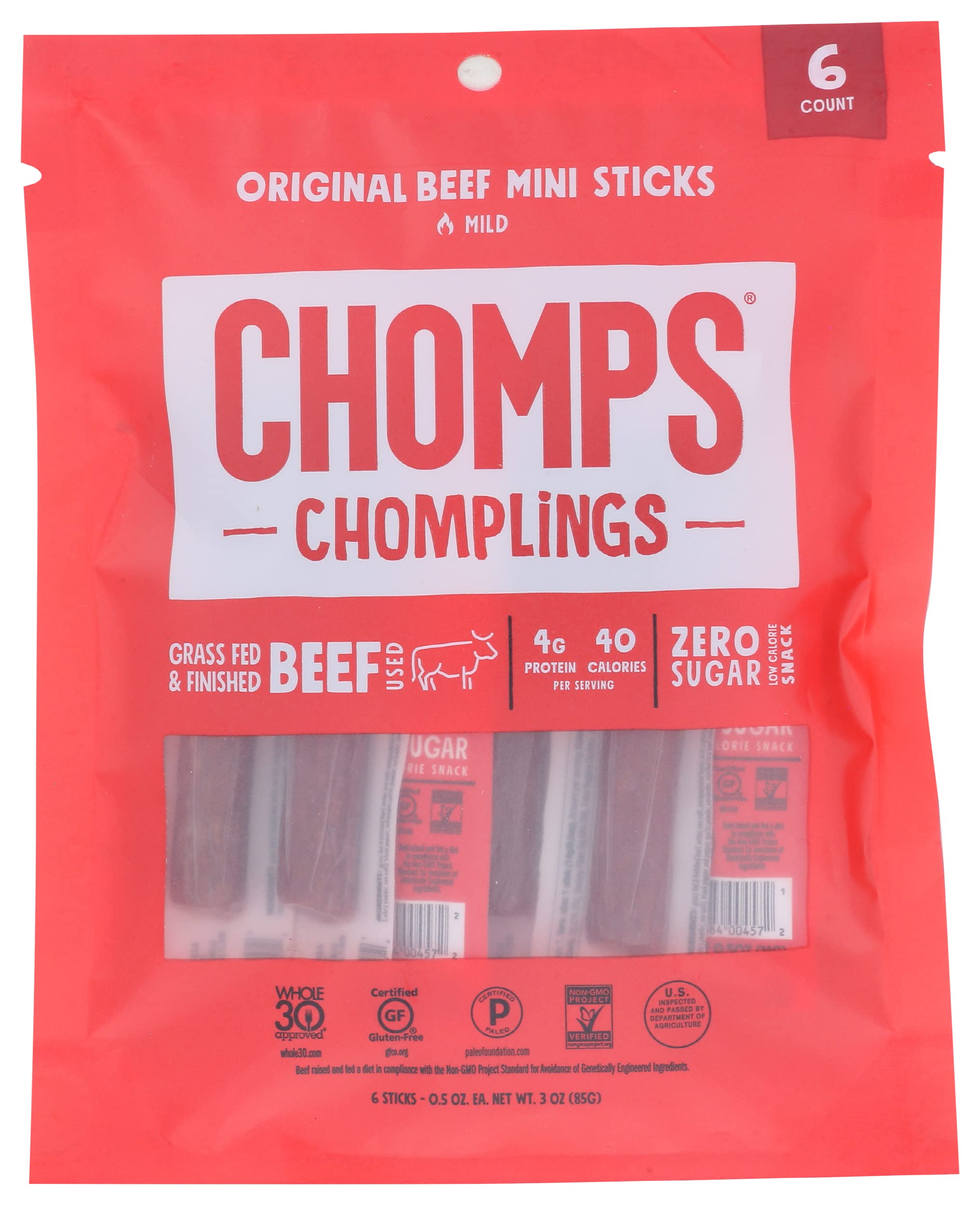 Chomps Original Beef Chomplings, Grass-Fed & Finished, 6ct, Protein Snack | Bulk beef jerky, original finished & grass fed beef sticks with zero sugar, certified gluten free, keto friendly, Whole30