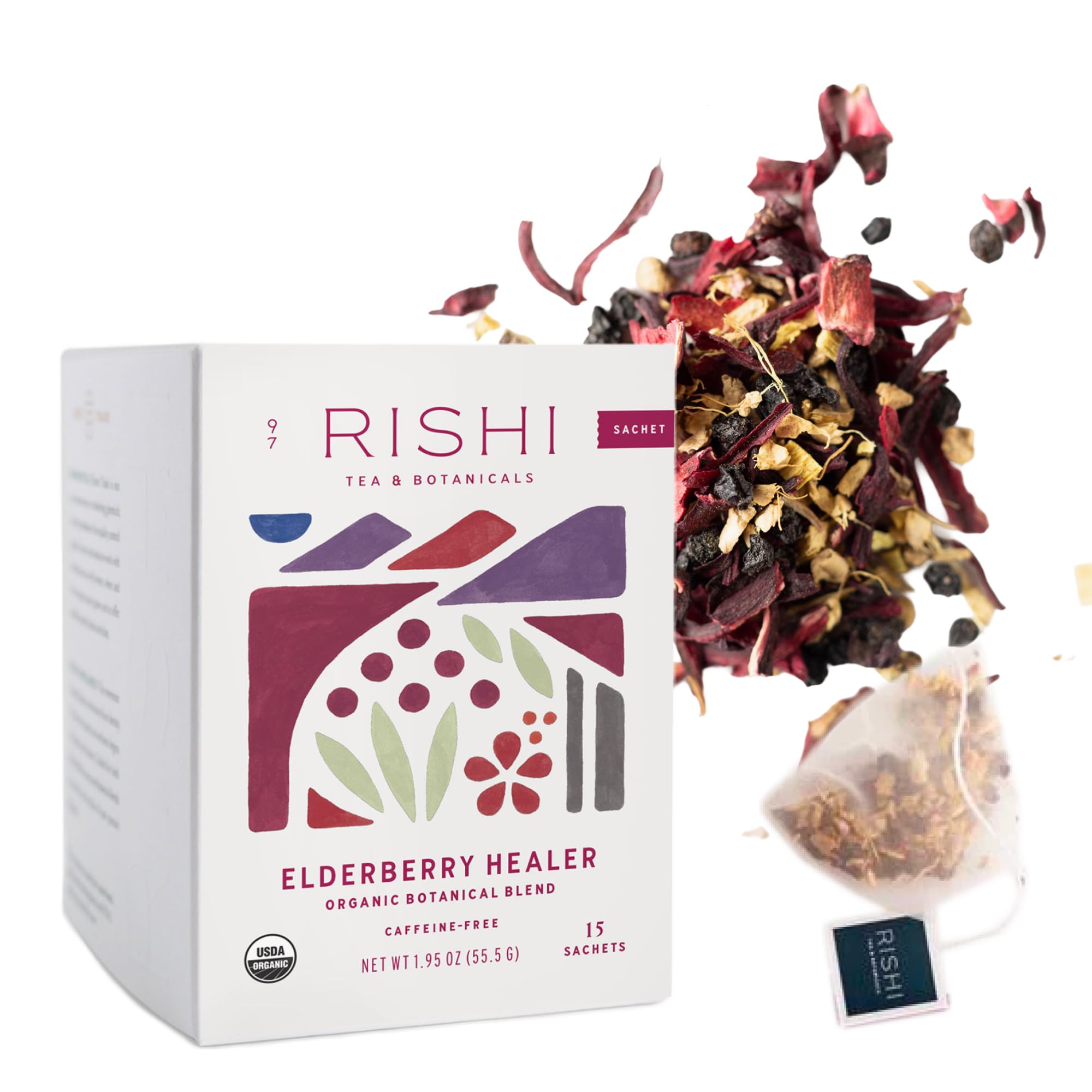 Rishi Tea Elderberry Healer Organic Herbal Tea Bags, Caffeine Free, 15ct | Antioxidant-Rich with Ginger and Hibiscus, Sustainable, 15 Servings