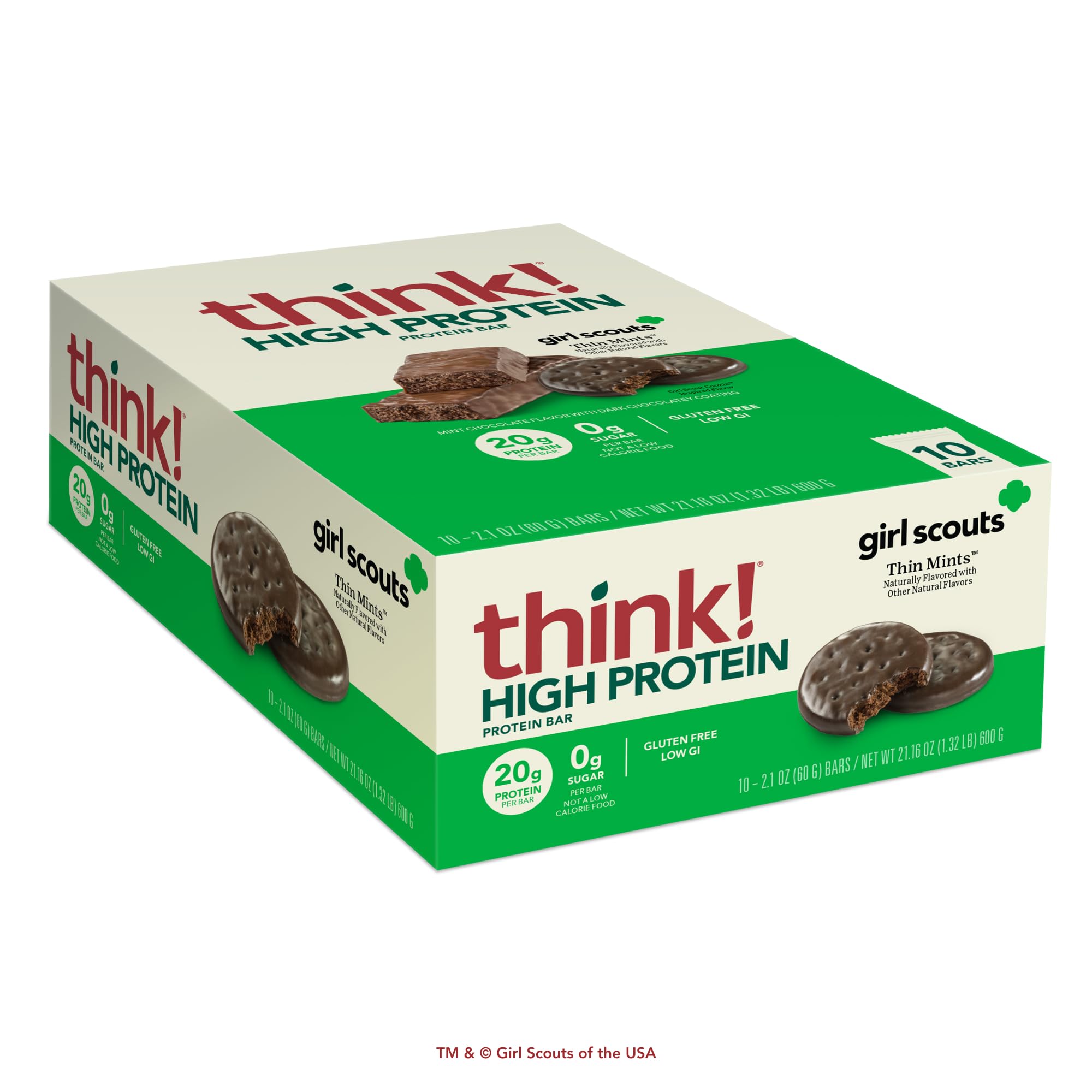 think! Girl Scout High Protein Bar, Chocolate Mint, 10 Count | 20g Protein Per Bar, 0g Sugar, Gluten Free, Low Glycemic Index, Classic Thin Mint Flavor, High Protein Snack Bar