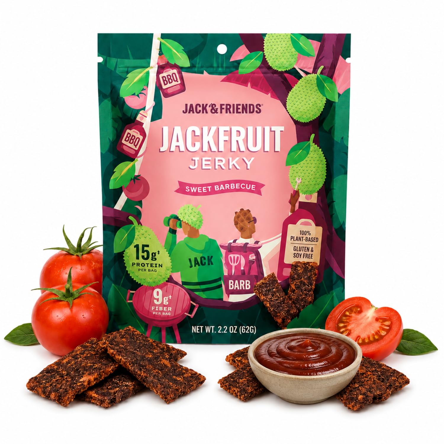 Jack & Friends Jackfruit Jerky Sweet BBQ - Plant Based Vegan Jerky Snack, Healthy Meatless Jerky Alternative Made from Jackfruit - 15g Protein, 9g Fiber, Gluten Free, Soy Free, Low Sugar - 2.2 oz (1 Pack)