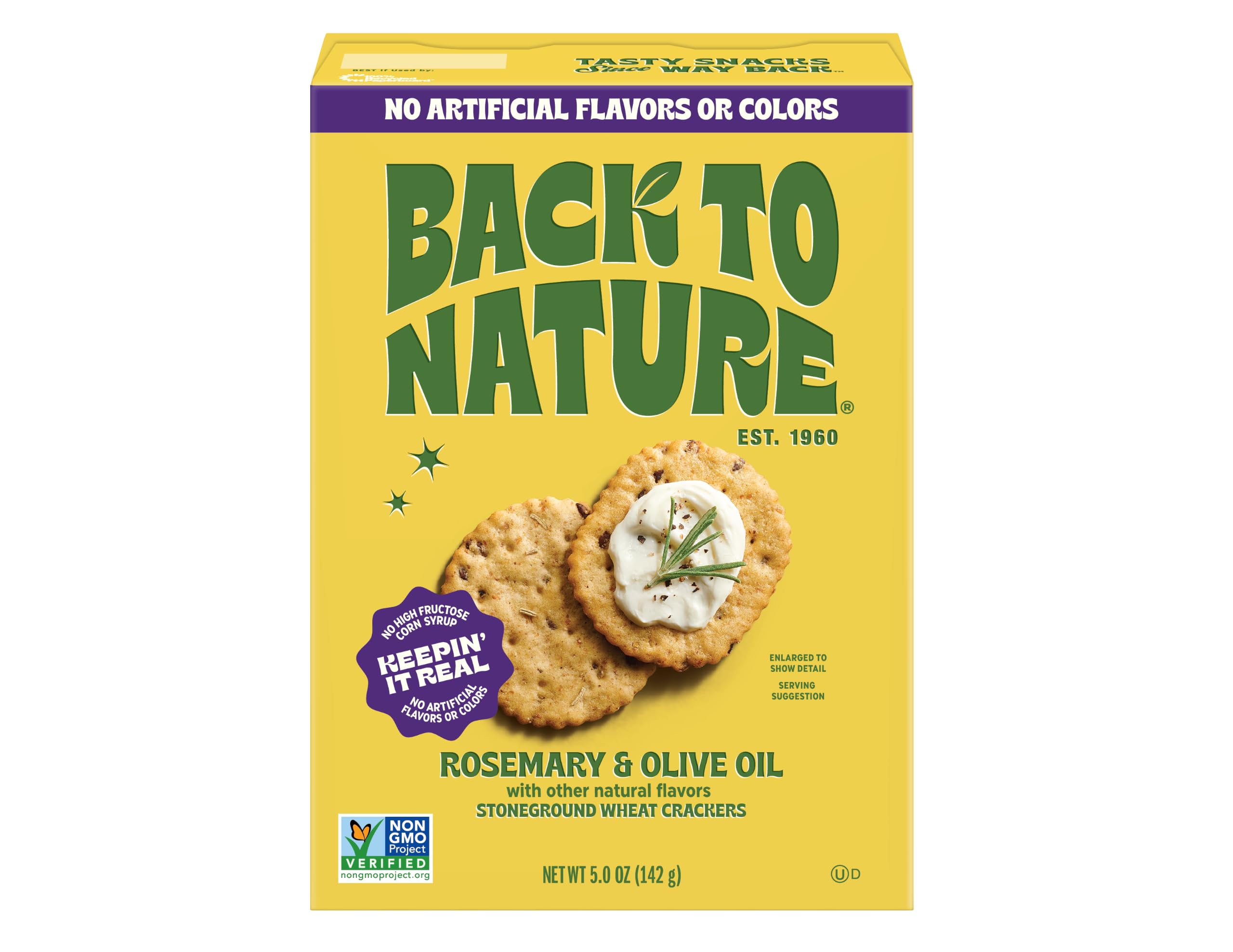 Back to Nature Rosemary & Olive Oil Stoneground Wheat Crackers, Non-GMO, Plant-Based Snack Cracker, Made with Whole Grains & Flax Seed, 5oz Box