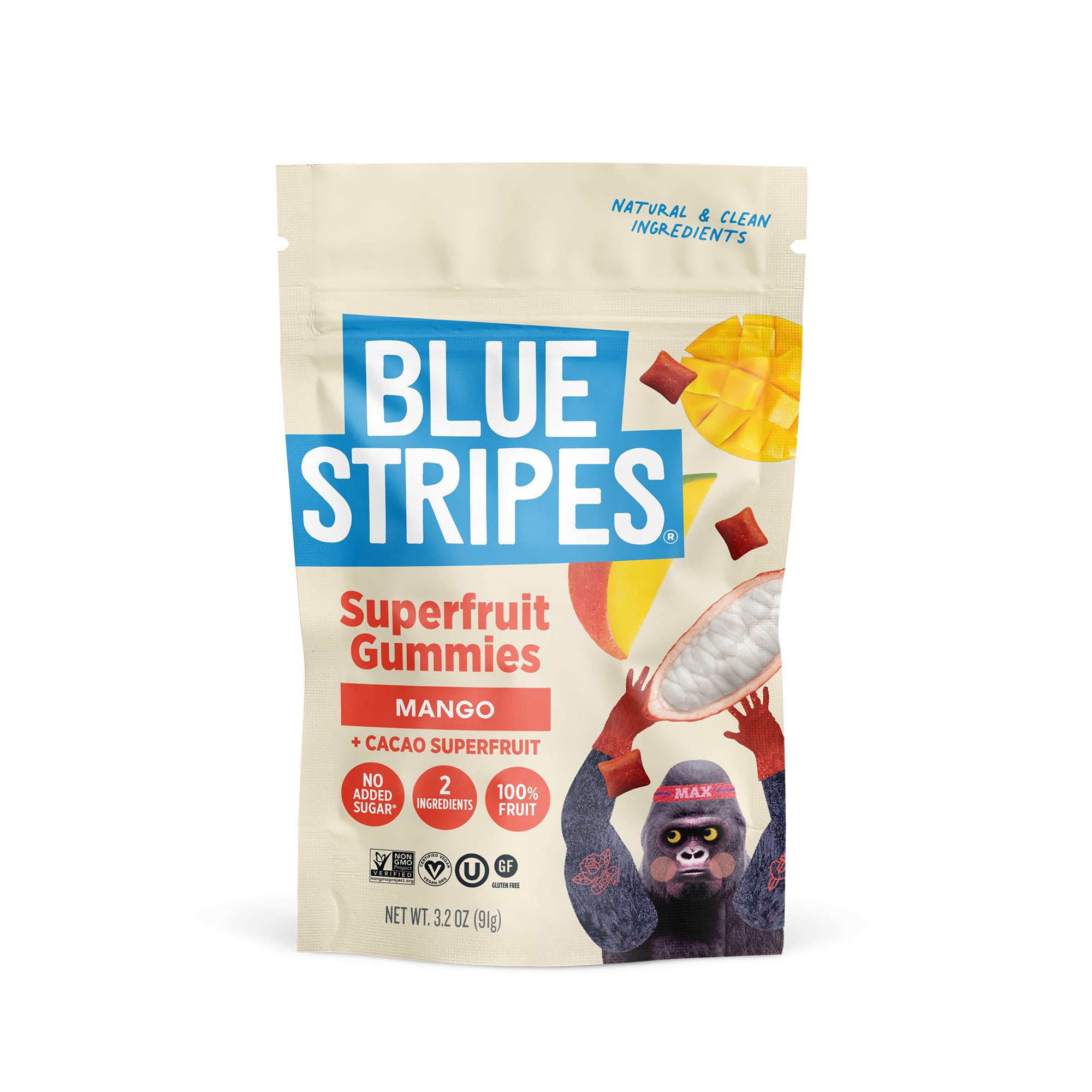 Blue Stripes Cacao Superfruit Gummies - Vegan Chewy Fruity Snack, No Sugar Added 100% Fruit Gummy, 9 Essential Vitamins & Minerals, Natural Tropical Superfood - Mango & Cacao Fruit, 3.2oz