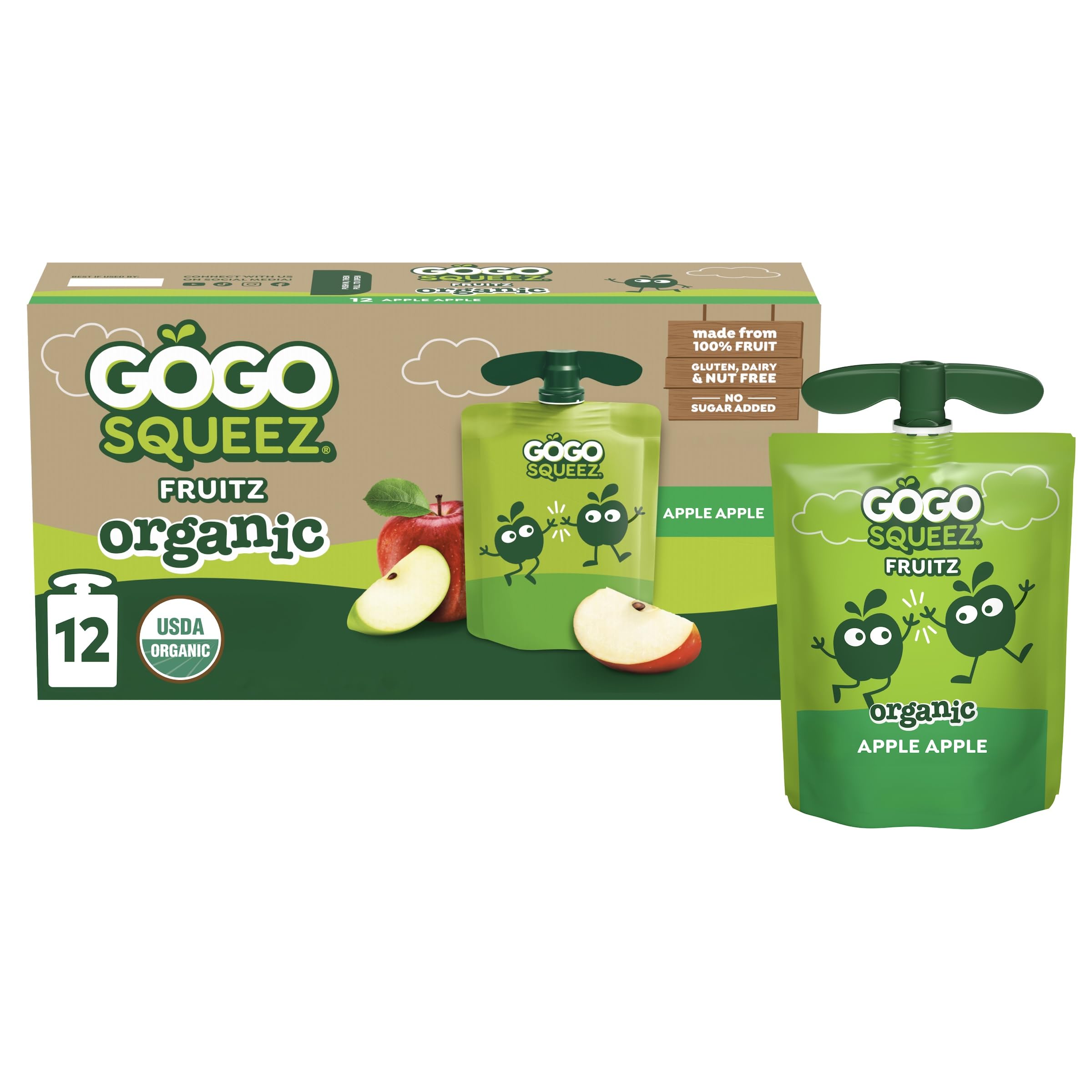 GoGo squeeZ No Sugar Added Organic Applesauce, Apple Apple, 12 Count | Kids On The Go Fruit Snack with Applesauce & Puree; 3.2 Oz Pouches, Gluten and Nut Free, Recloseable Cap, BPA-Free