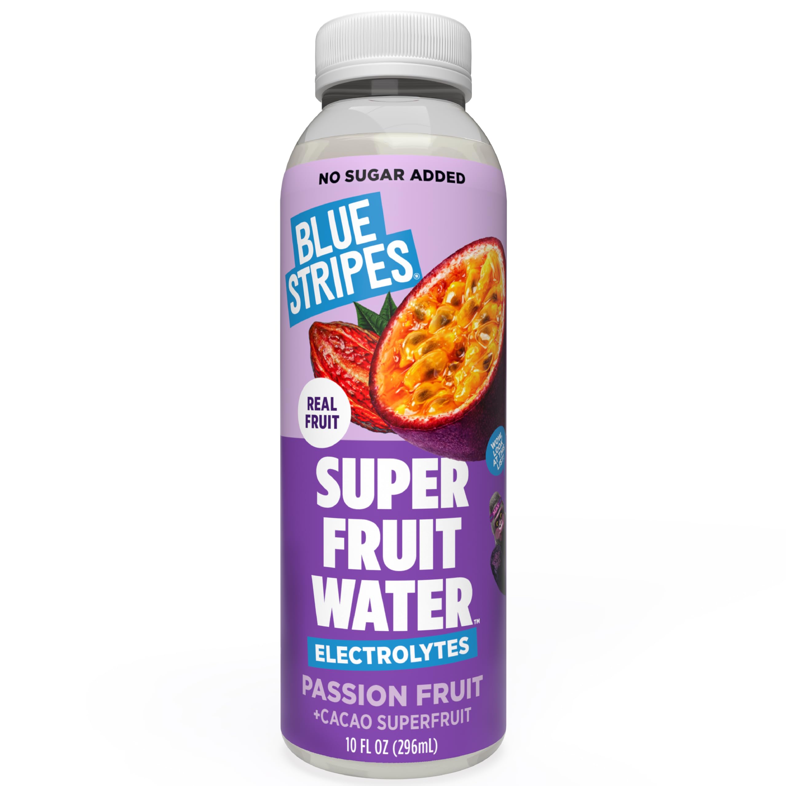 Blue Stripes Passion Fruit Superfruit Water - Hydration Drink (10 FL OZ) | Cold Pressed Cacao Juice, Passion Fruit Juice & Water | No Sugar Added & Plant Based with Natural Electrolytes & Antioxidants