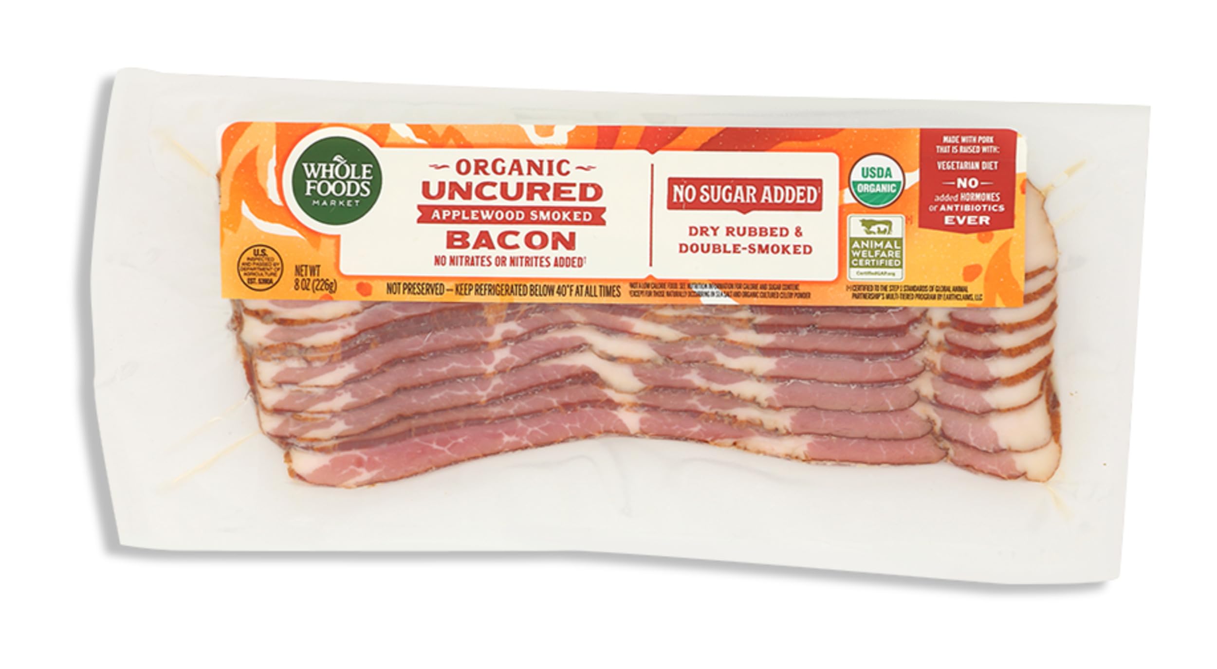 Whole Foods Market Organic Pork Bacon No Sugar Added, 8 OZ