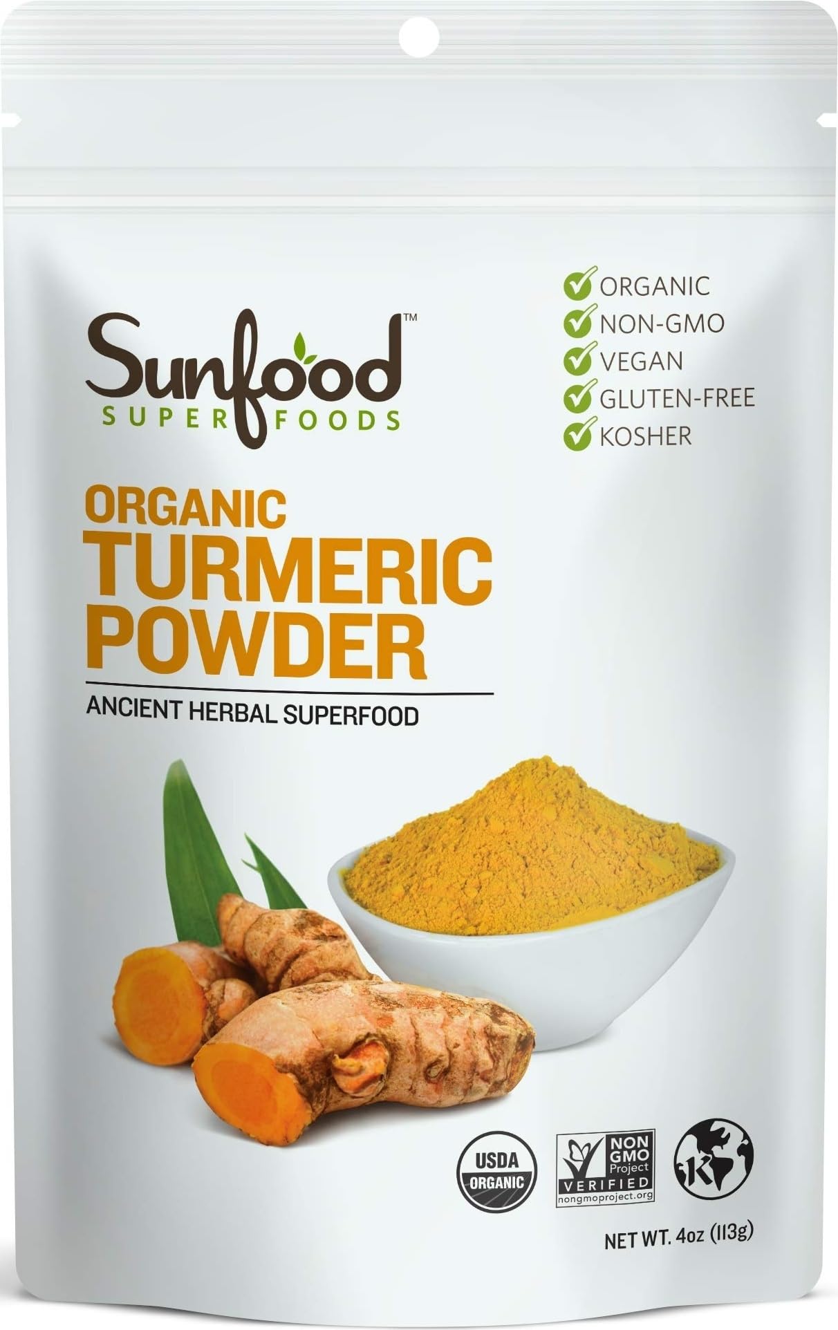 Sunfood Superfoods Organic Turmeric Powder - Ground Turmeric Root Powder, Pure Ground Curcuma Spice, Use for Seasoning, Tea, Golden Milk, Smoothies, & More, Source of Curcumin - 4 oz Bag