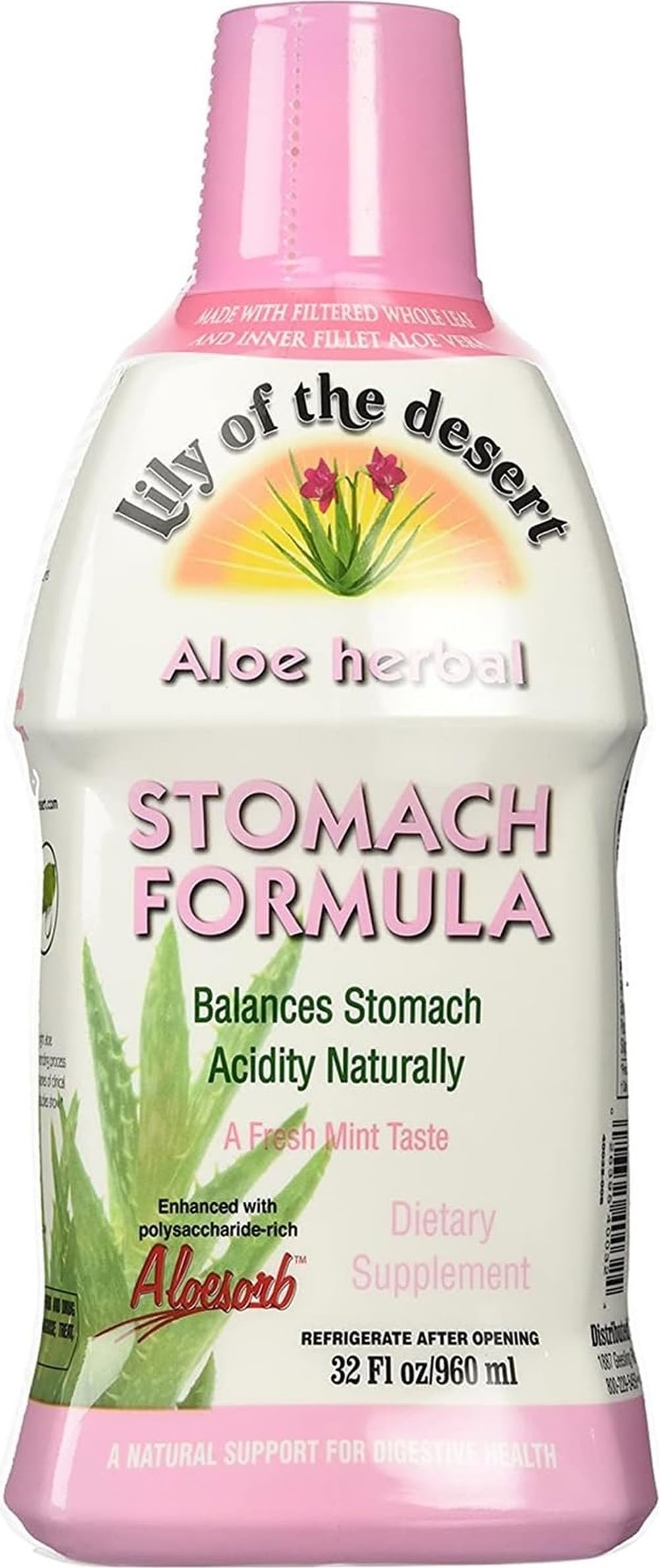 Lily of The Desert Stomach Formula, Organic Aloe Vera Juice with Slippery Elm, Chamomile, Peppermint, and Ginger for Gut Health, Acid Reflux, Heartburn Relief, 32 Oz,1