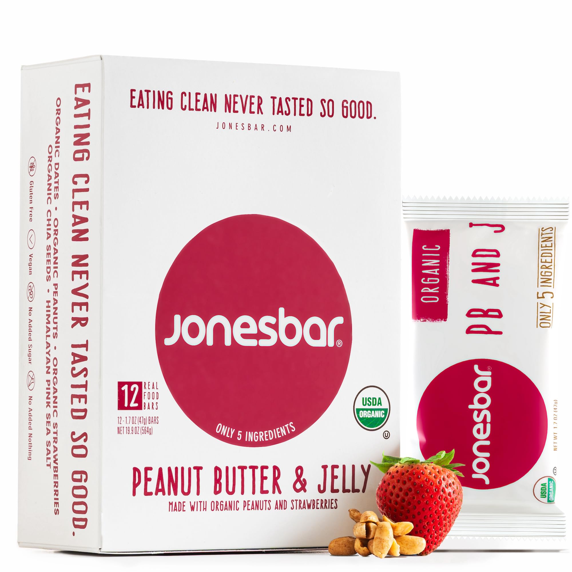 Jonesbar Organic Plant Based Protein Bars | Peanut Butter & Jelly, 12 Bars | Healthy Gluten Free Snacks, Vegan, Kosher, 6g Protein, No Added Sugar, No Oils, Nothing Artificial, Only 5 Ingredients