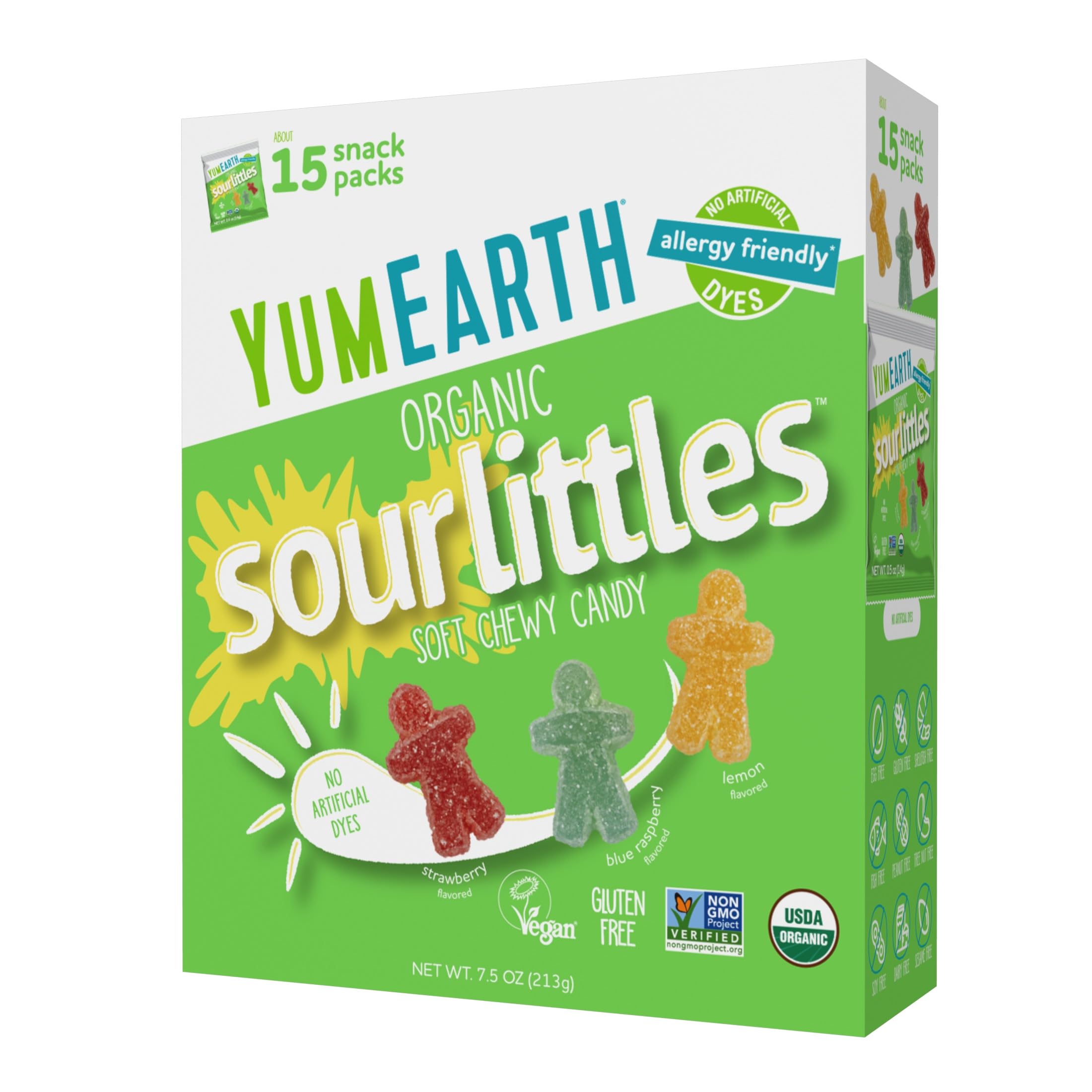 YumEarth Organic Sour Littles Chewy Candy, 0.5oz Snack Packs (Box of 15) | Individually Wrapped, Allergy Friendly, Gluten Free, Non-GMO, Vegan, Dye Free, Assorted Flavors