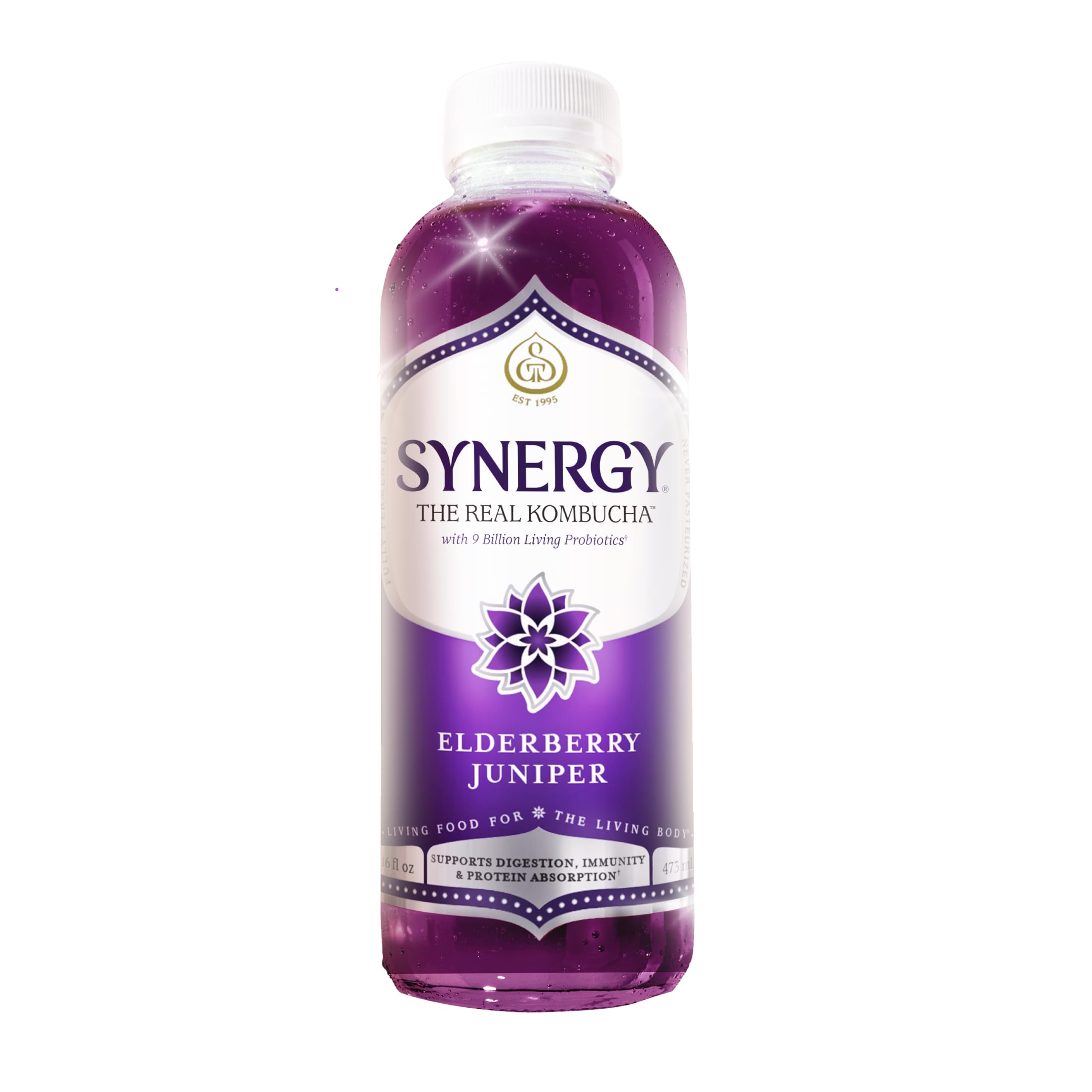 SYNERGY The Real Kombucha - Elderberry Juniper - 16 fl oz Bottle - Raw Probiotic Drink for Gut Health and Immune Support