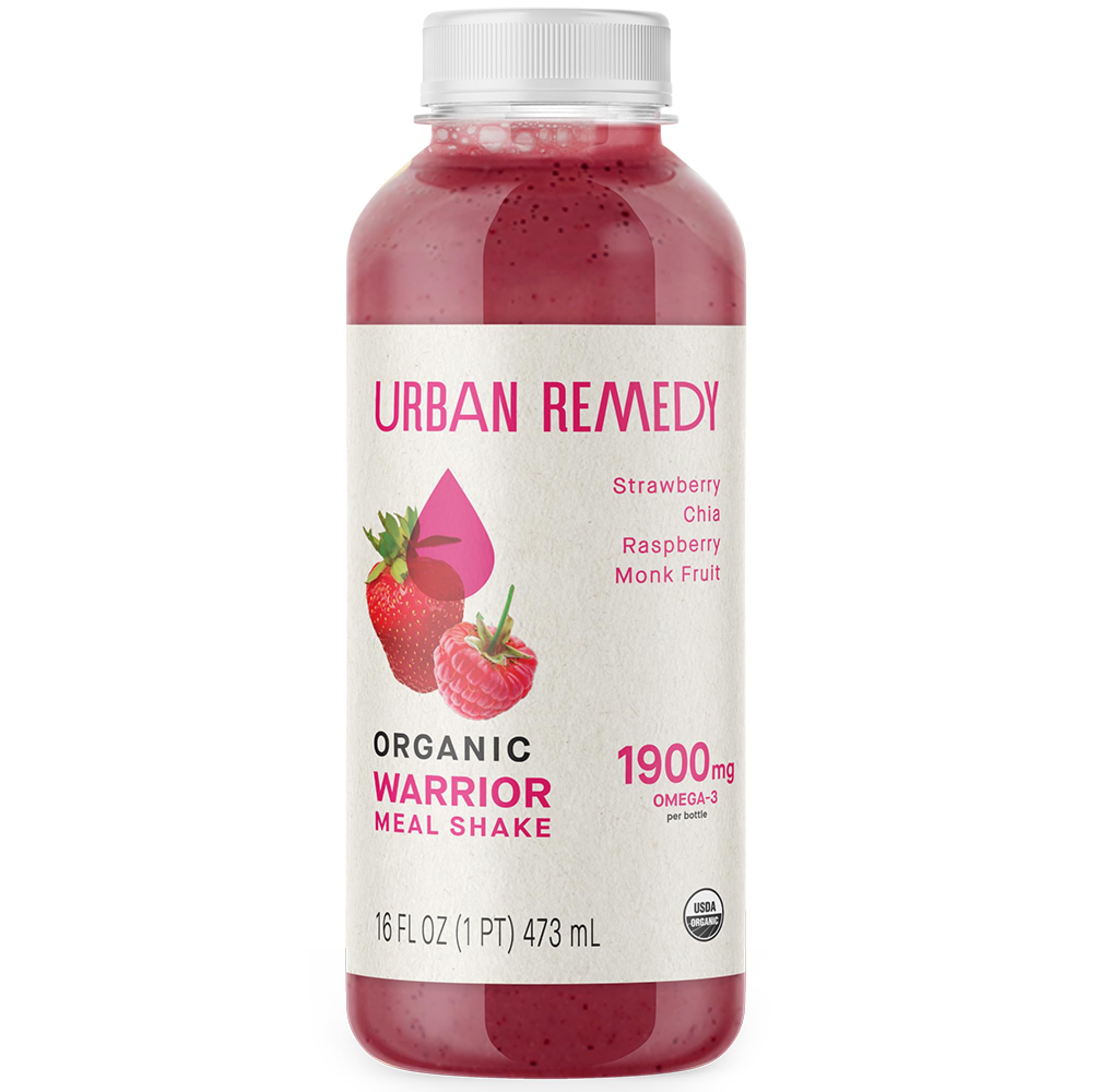 Urban Remedy Organic Warrior Meal Shake, 16 fl oz | Raspberries, Strawberries & Chia Seeds, Low Glycemic, High Fiber Berry Smoothie, Gluten-Free, Dairy-Free, Ready-to-Drink