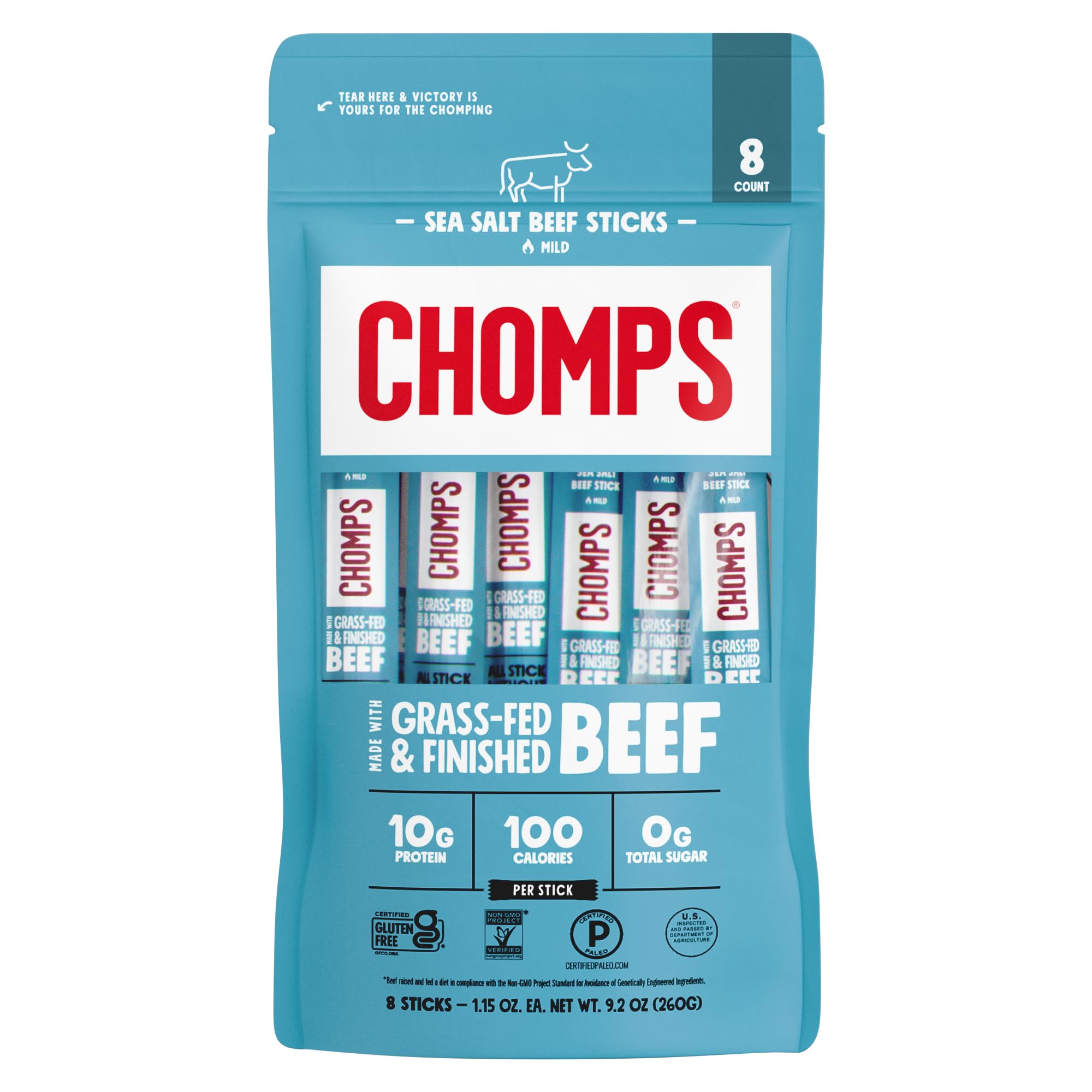 Chomps Sea Salt Beef, Grass-Fed & Finished, 8ct, Protein Snack Stick | Beef Jerky Bulk, Zero Sugar, Certified Gluten Free Snack, 100 Calories Per 1.15 Oz Stick, Keto Snacks, Whole30 Diet