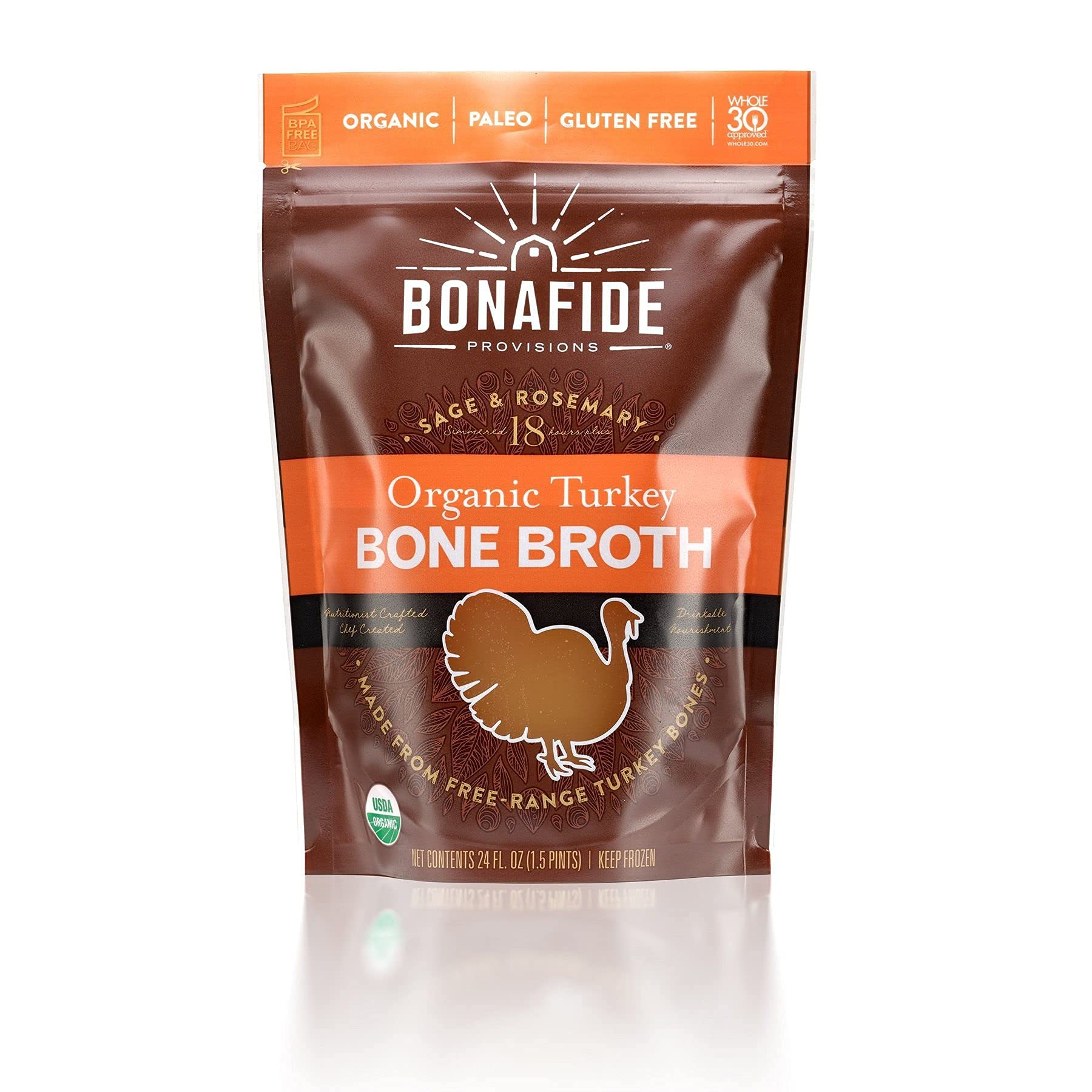 Bonafide Provisions Fresh Organic Turkey Bone Broth, Frozen 24 fl oz – Gluten-Free, Paleo, Keto and Whole 30 Approved. For Sipping & Cooking