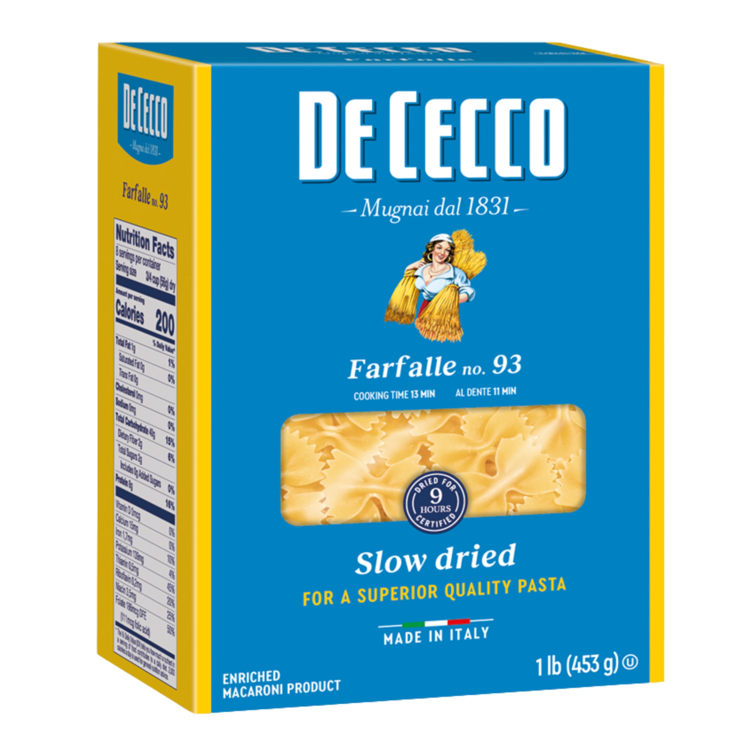 De Cecco Farfalle No. 93 Pasta, 16 Oz | Authentic, Slow Dried, Made with Durum Wheat, Versatile Pasta for Sauces & Recipes, Made in Italy