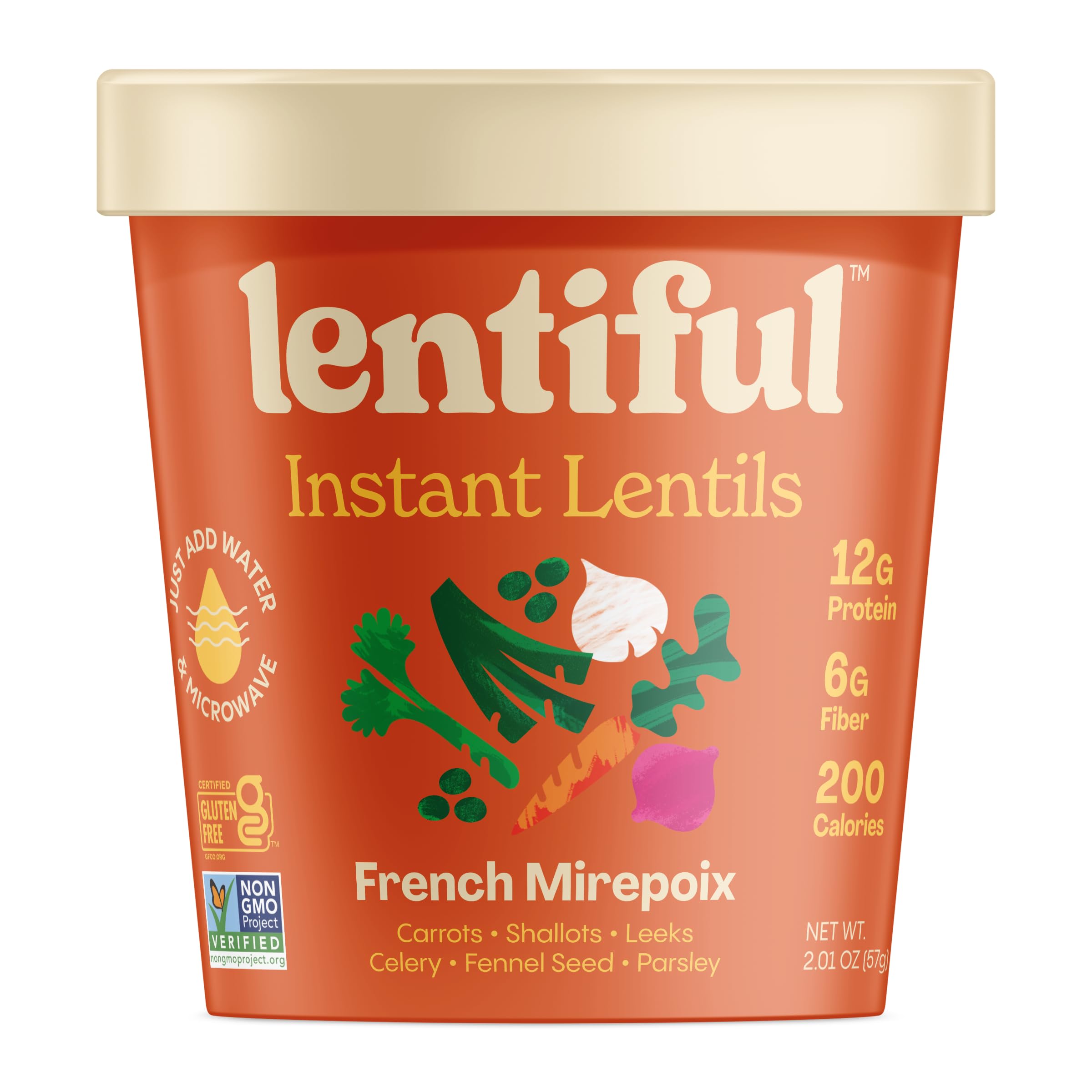 Lentiful French Mirepoix Instant Lentil Cup, Vegan, Gluten-Free | Carrots, celery, onion, leek, fennel, savory, not spicy. 12g protein, 6g fiber. Pair with crusty bread or serve over quinoa