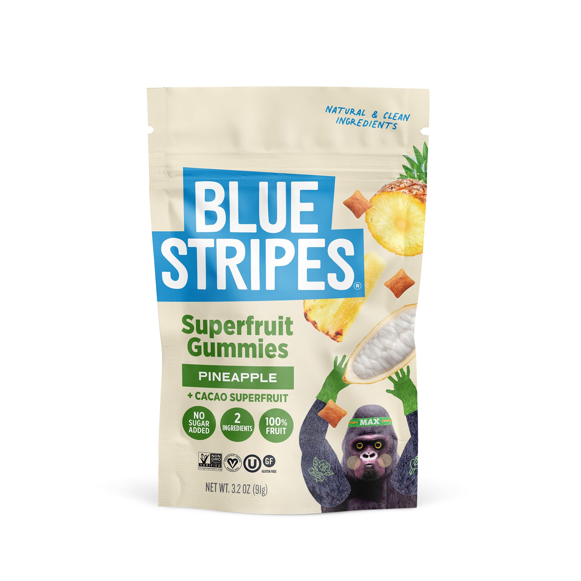 Blue Stripes Cacao Superfruit Gummies - Vegan Chewy Fruity Snack, No Sugar Added 100% Fruit Gummy, 9 Essential Vitamins & Minerals, Natural Tropical Superfood - Pineapple & Cacao Fruit, 3.2oz