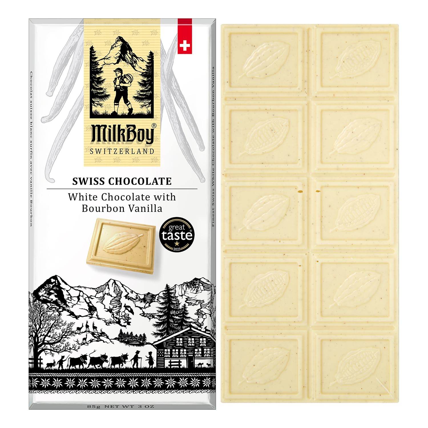 MilkBoy Swiss Chocolates White Chocolate Bars, Vanilla - 3 oz | Premium gourmet treat made with natural bourbon vanilla. Gluten free. Non-GMO. Kosher. Crafted in Switzerland.