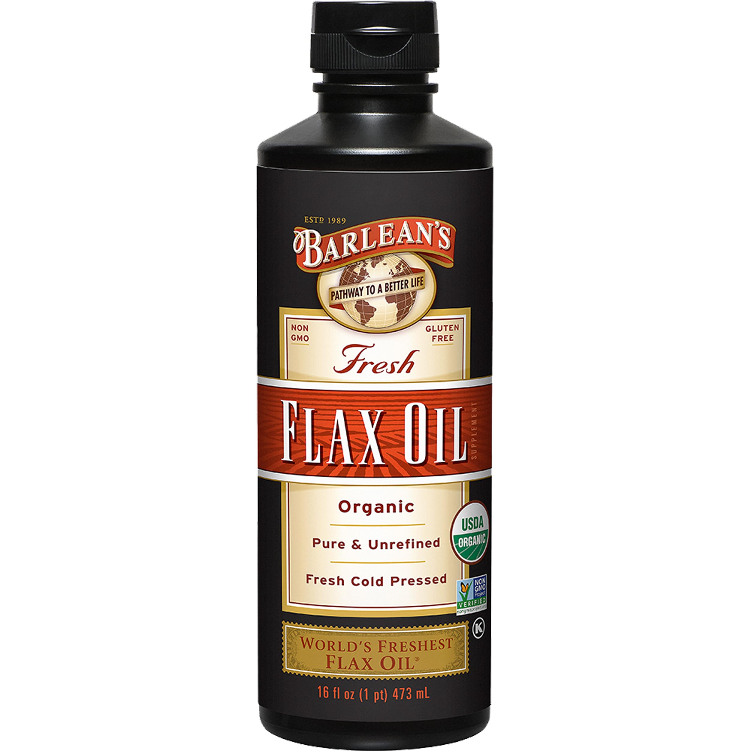 Barlean's Organic Flaxseed Oil, 7640mg ALA Omega-3, Cold-Pressed, 16oz | Fresh cold-pressed flax seeds, ALA omega 3-6-9, Vegan, Non-GMO, Gluten-free, Unrefined, Supports heart, skin & hair