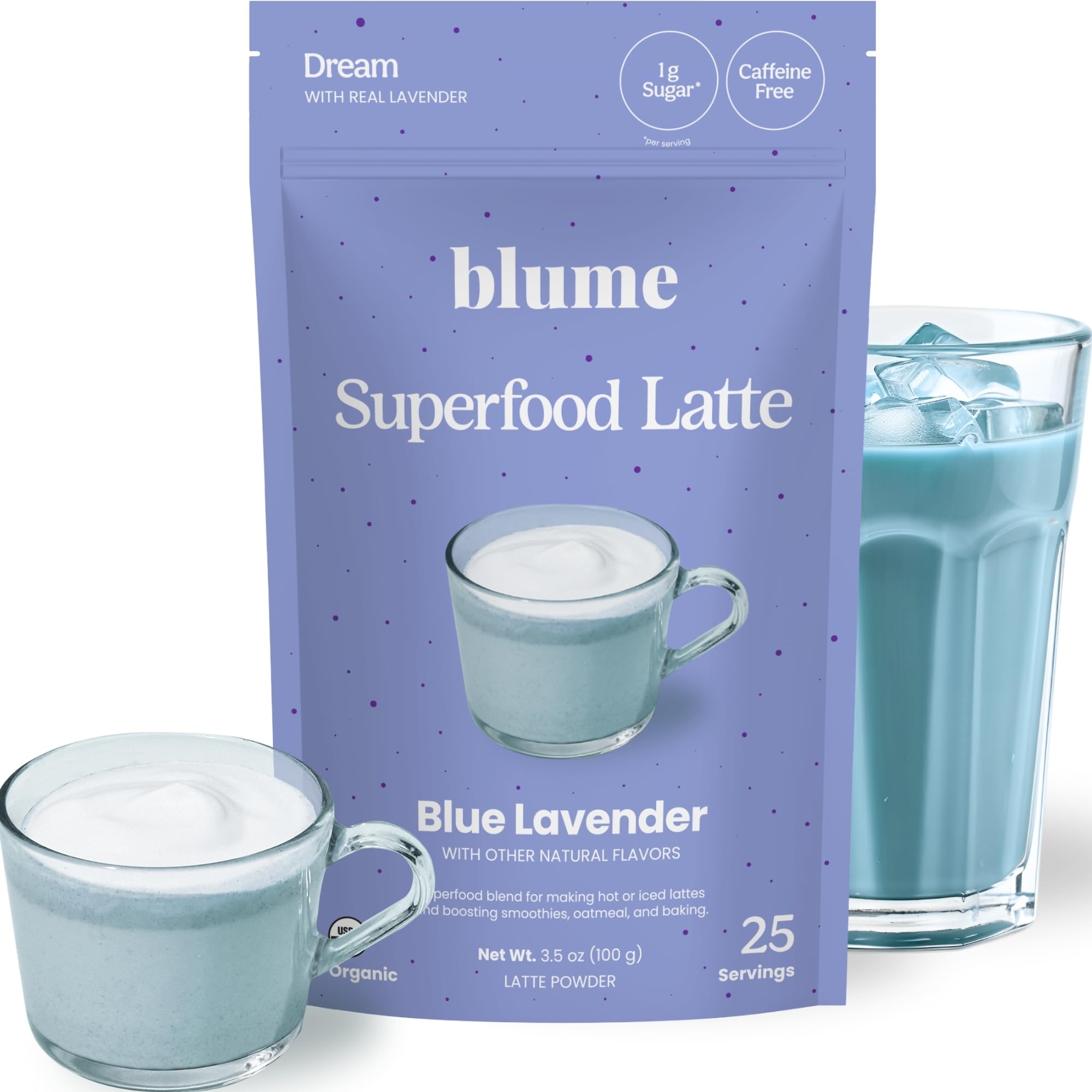 Blume Blue Lavender Superfood Latte - Caffeine Free, 1g Sugar, 25 Servings | Organic Lavender Tea Powder and Chamomile to Aid Sleep, Blue Spirulina, Blue Butterfly Pea Flower Tea, Coconut Milk, Vegan
