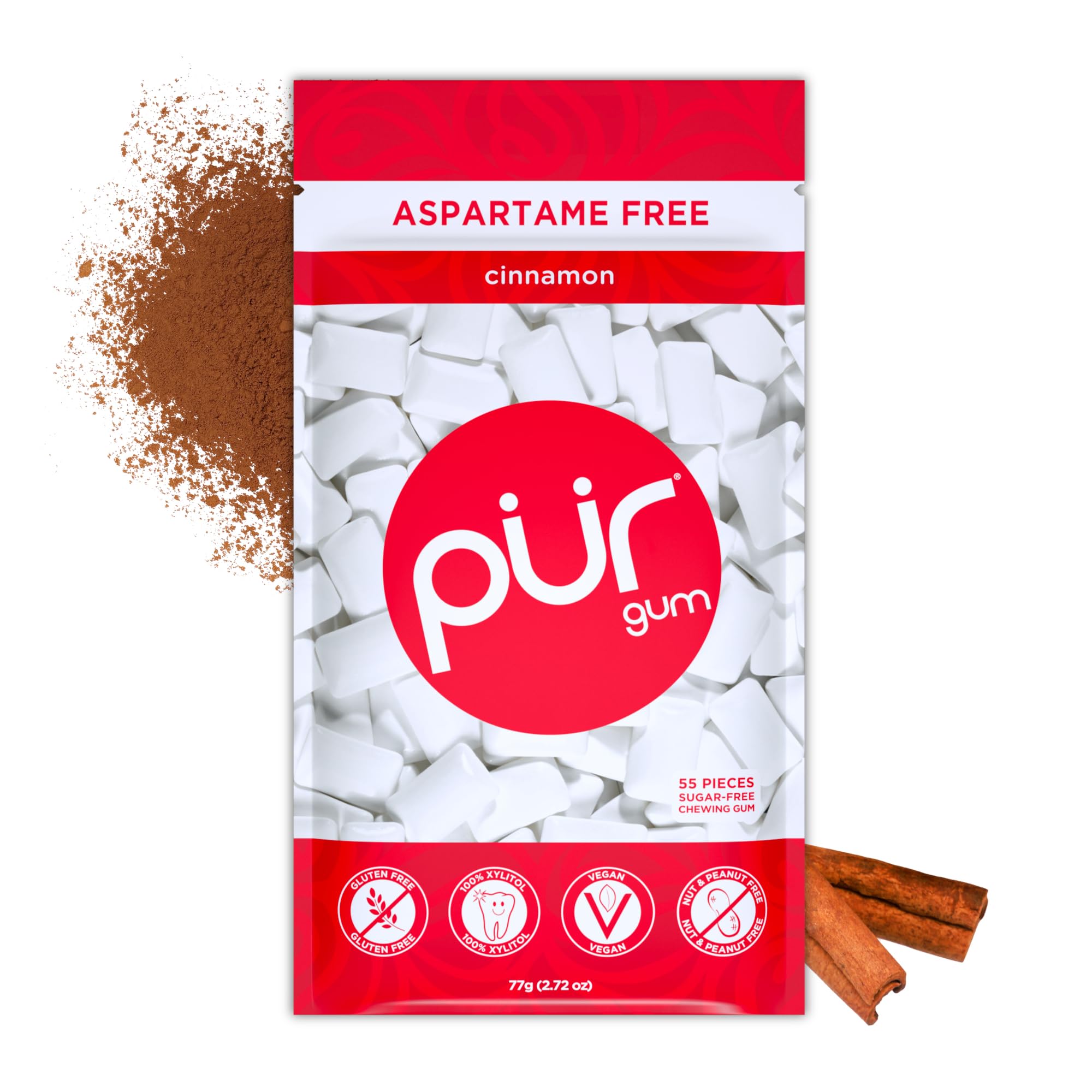 Cinnamon, Xylitol Gum, No Artificial Flavor, 55 Count | No Artificial Sweeteners, Vegan, Sugar Free, Gluten Free, Soy Free, Nut & Peanut Free, Swiss Made, Keto Friendly chewing gum
