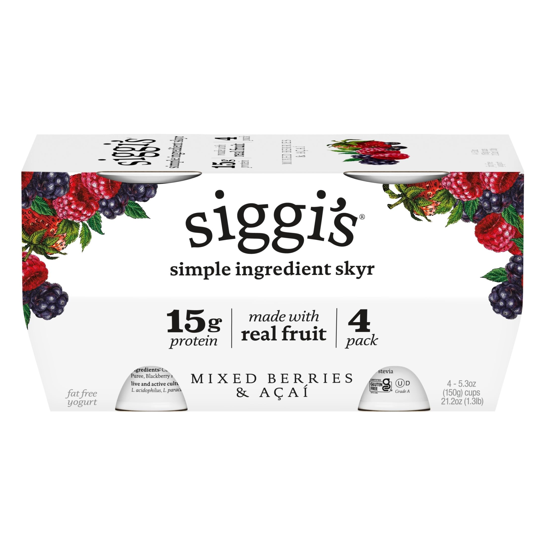 siggi’s Icelandic Skyr Nonfat Yogurt, Mixed Berries & Acai, 5.3 oz, 4ct