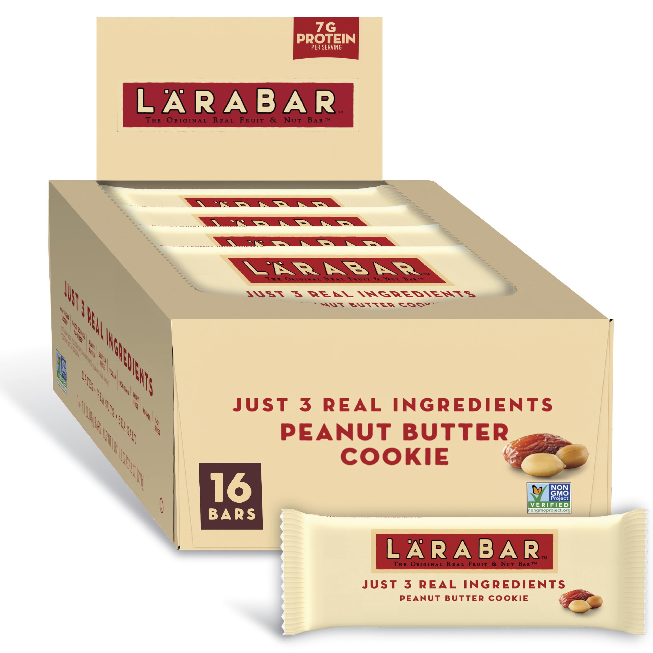 Larabar Peanut Butter Cookie Fruit & Nut Bars, 16 ct, 27.2 oz | Gluten-Free, Vegan, Dairy Free, Soy Free, Kosher, Non-GMO, 7G Protein, 3 Ingredients, No Sugar Added