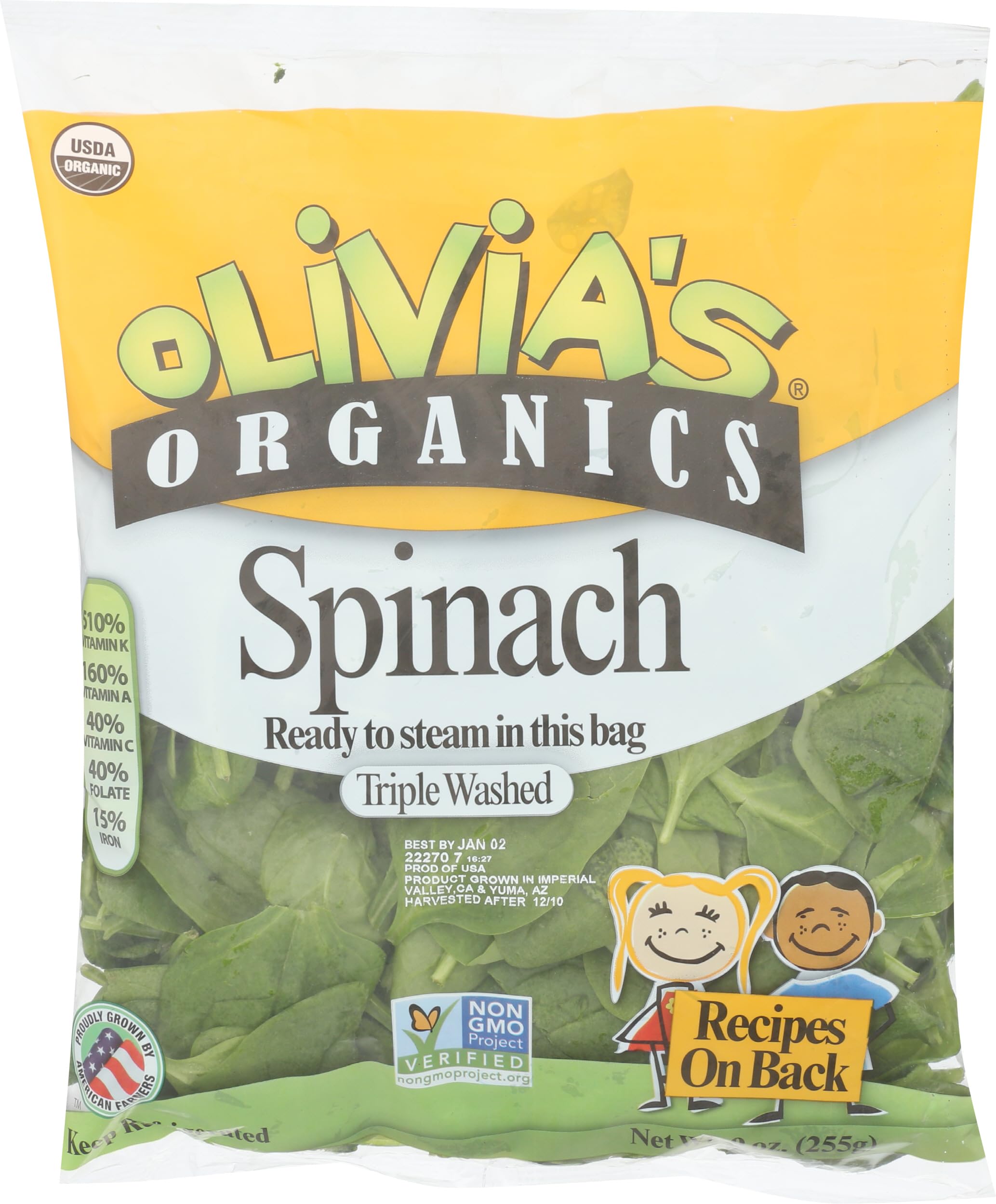 Olivias Organics Organic Spinach, 9 OZ