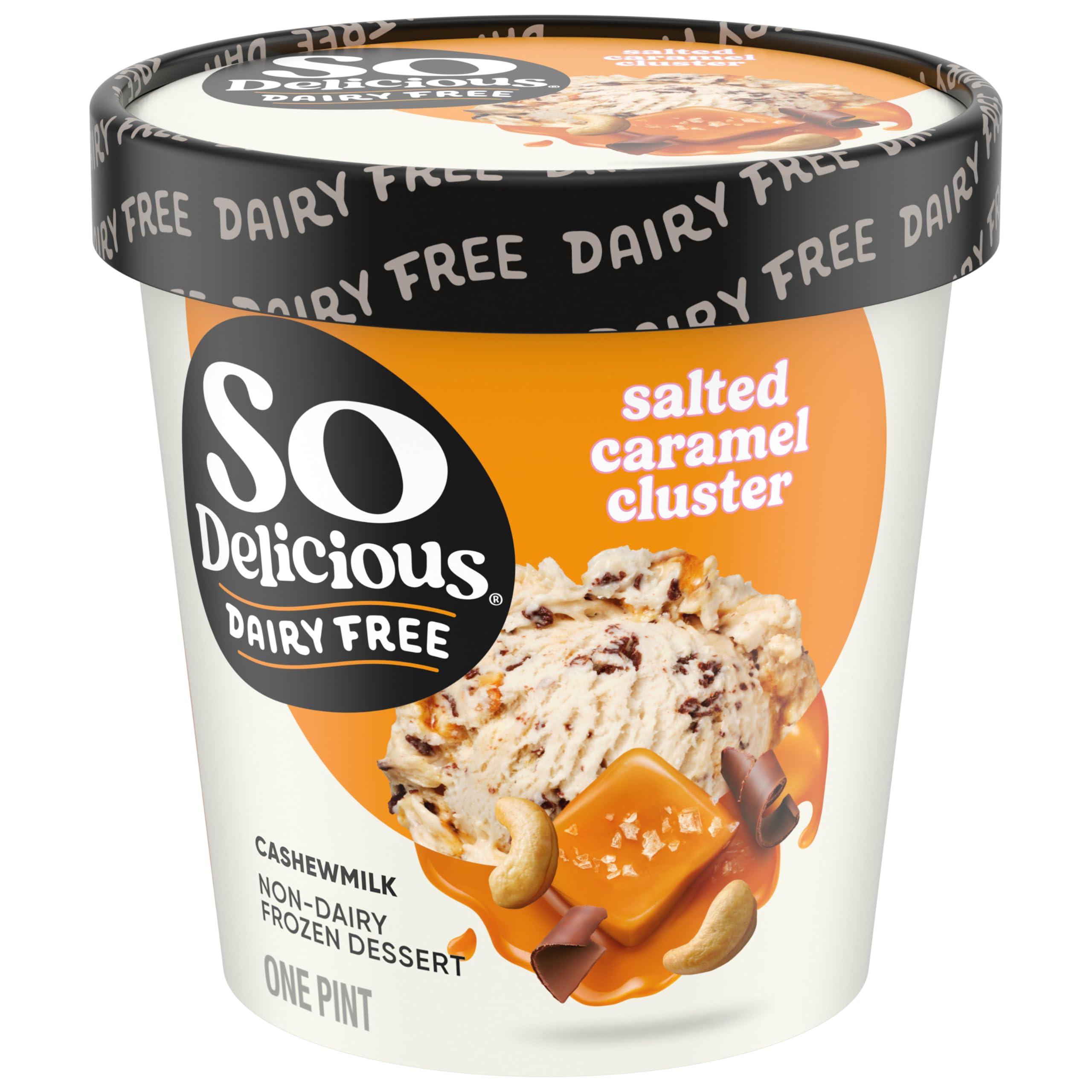 So Delicious Cashew Milk Frozen Dessert, Salted Caramel Cluster, 1 Pint | Creamy, Dairy-Free, Non-GMO Project Verified, Vegan Ice Cream Alternative, Gluten-Free, Kosher, 0mg Cholesterol