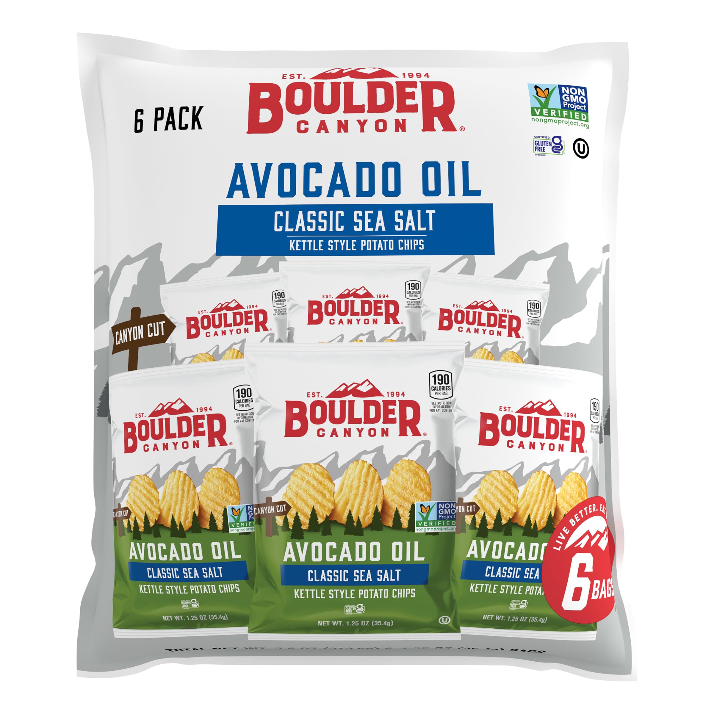 Boulder Canyon Avocado Oil Sea Salt Potato Chips, 1.25 oz Bags (6 Count) | Kettle-cooked in real avocado oil, classic sea salt flavor; individually bagged for easy snacking