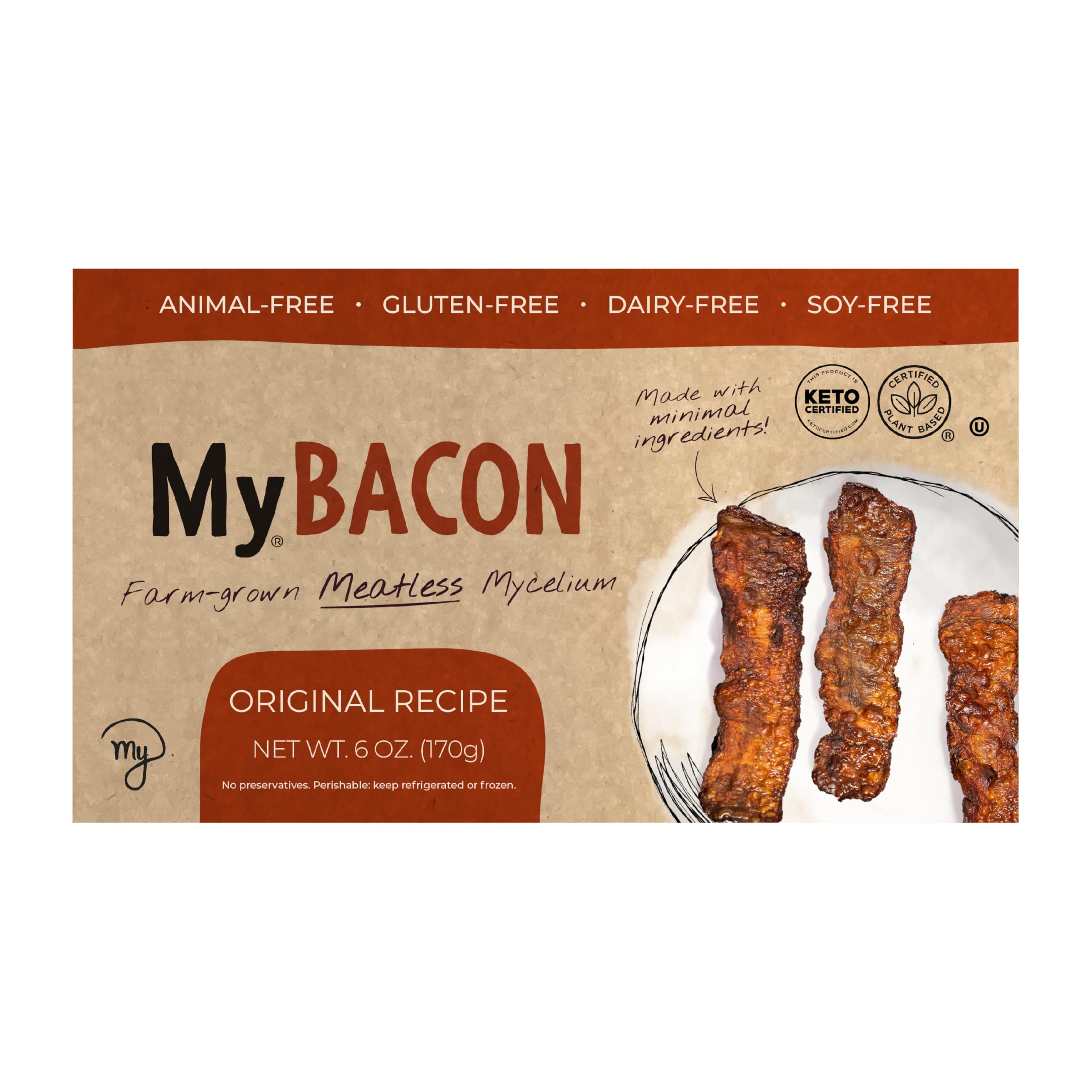 MyBacon, Original Recipe. Meatless, oyster mushroom mycelium bacon. A whole new plant-based, vegan protein that is glutein-free, soy-free, dairy-free, keto certified and kosher.