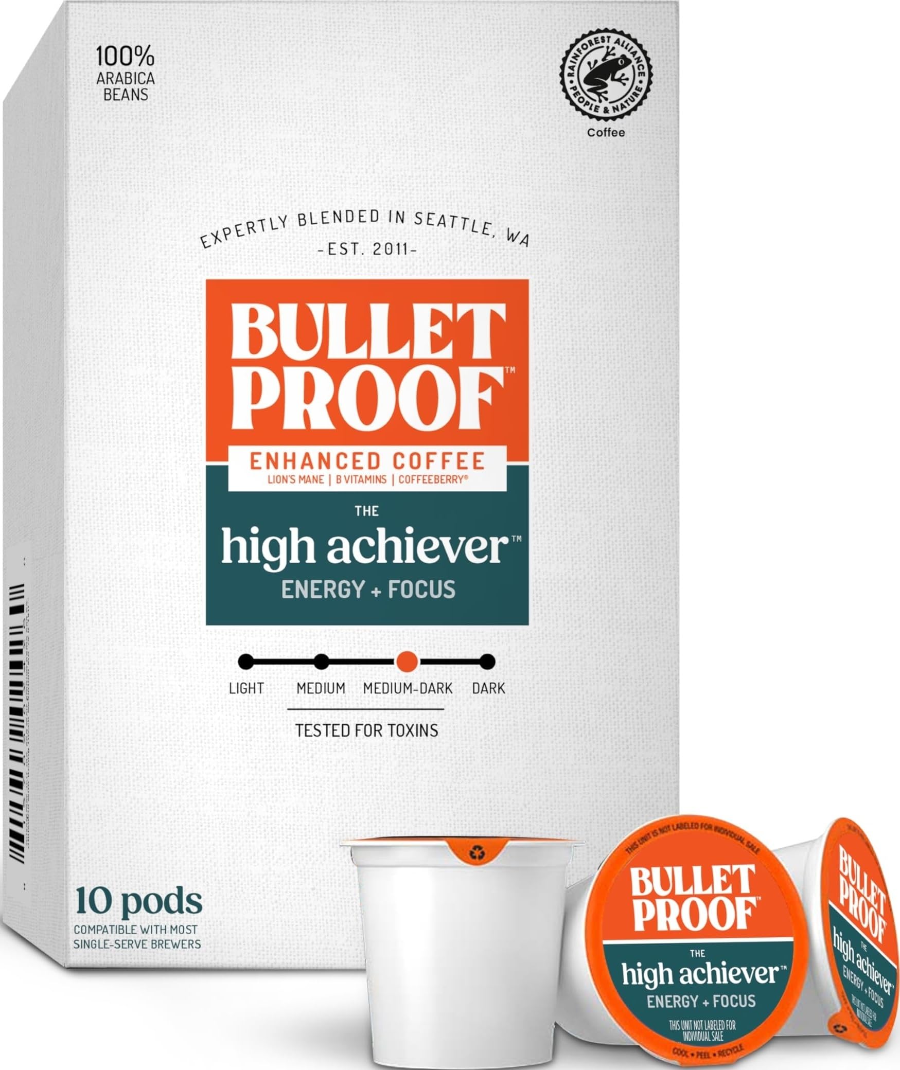 Bulletproof High Achiever Medium-Dark Roast Single-Serve Pods, 10 Count | Enhanced Coffee with Lion's Mane Mushroom, B Vitamins, and Adaptogens for Energy and Focus, 100% Arabica Coffee