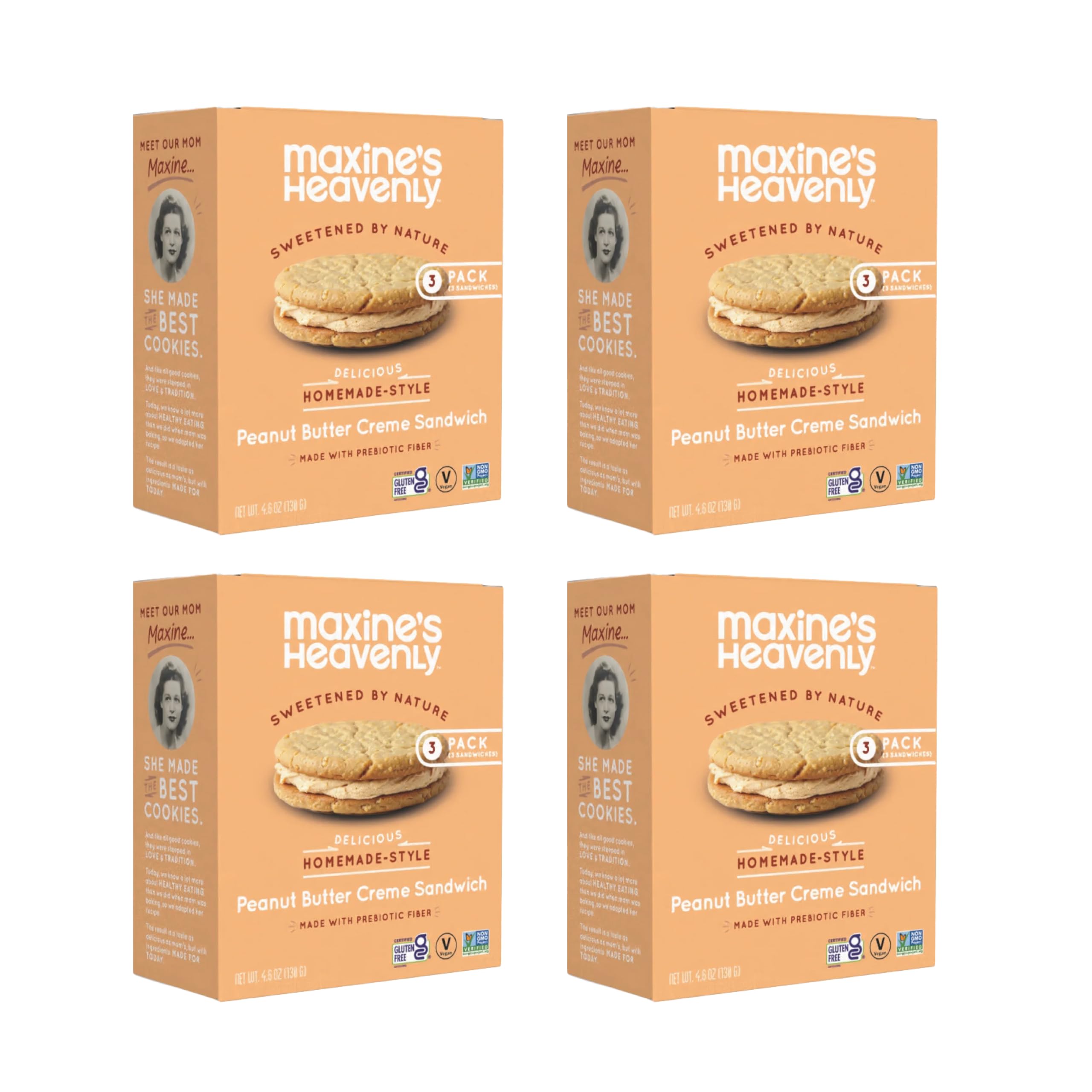Maxine's Heavenly Soft Baked Creme Sandwich Cookies | Prebiotic Fiber, Low Sugar, Vegan Snacks, Plant Based Snack, Gluten Free Snack - Healthy Snacks | 4 Pack (Peanut Butter Creme Sandwich)