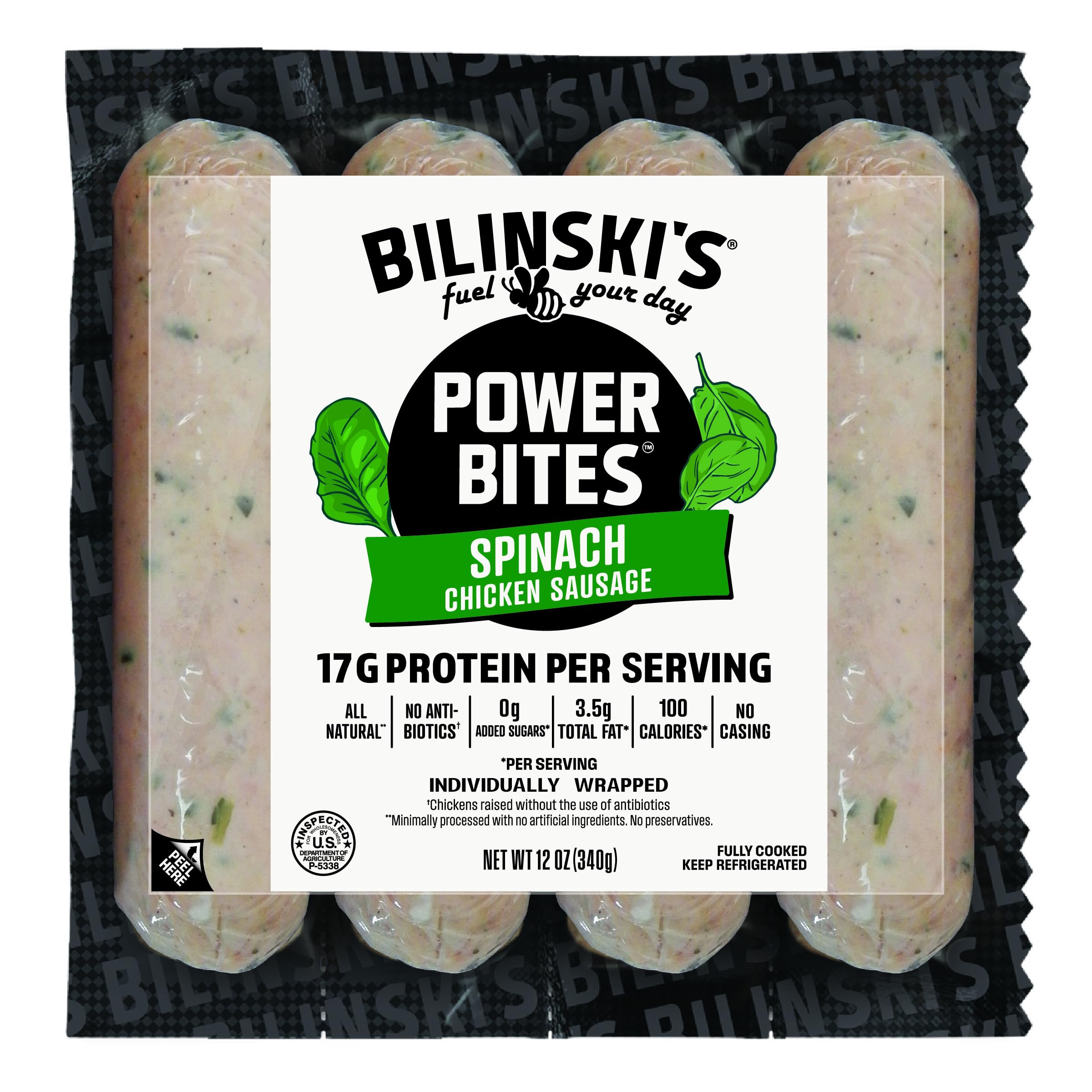 Bilinski's All-Natrual Protein-Packed Spinach Power Bites Chicken Sausage, 16g protein/100 Calories, Fully Cooked, GAP Certified Chicken, No Antibiotics, No Nitrates, No Additives, Casing Free, 12oz