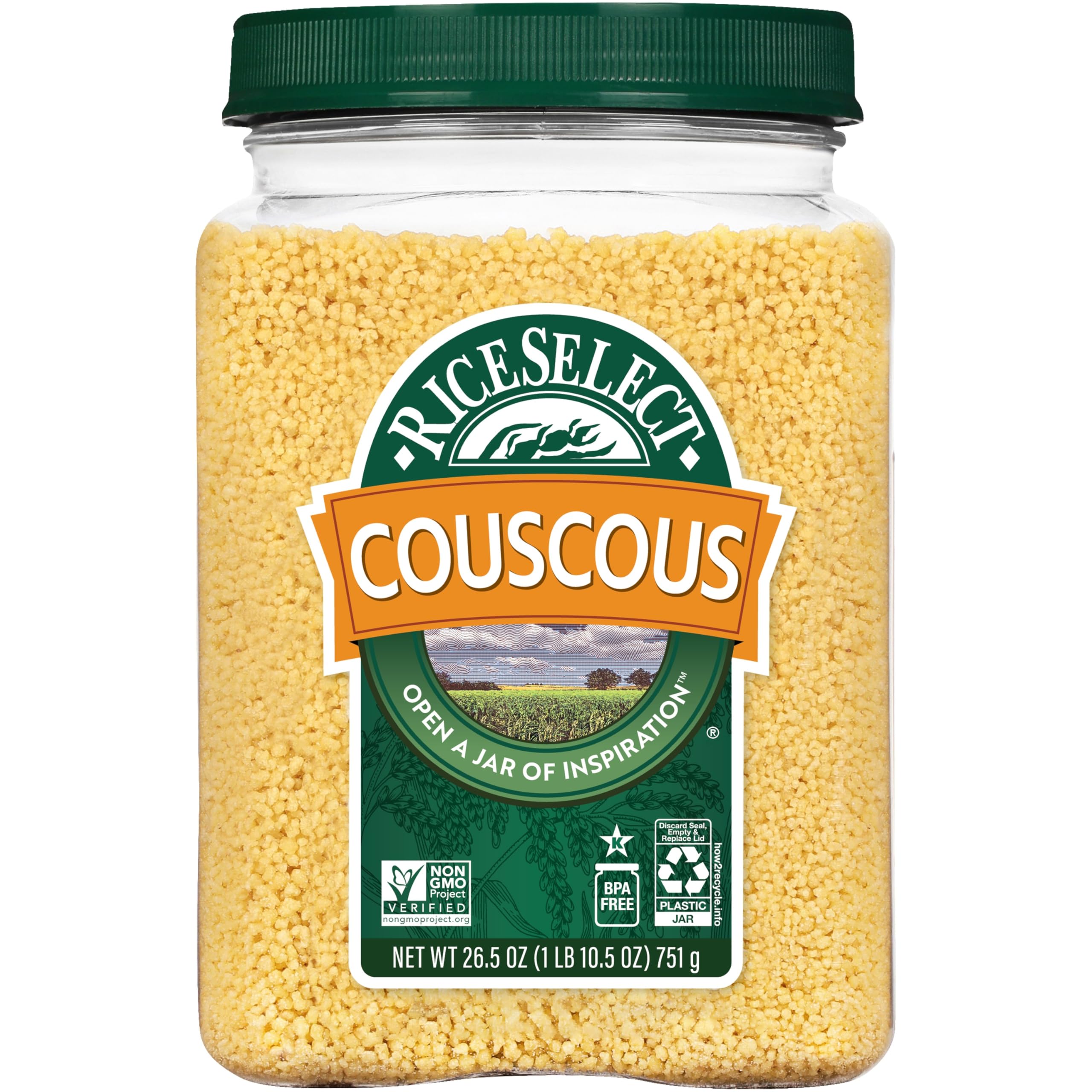 RiceSelect Couscous, Moroccan-Style Couscous Wheat Pasta | Tiny semolina pasta beads, ready in minutes, non-GMO, kosher, ideal for North African cuisine, 26.5-ounce jar