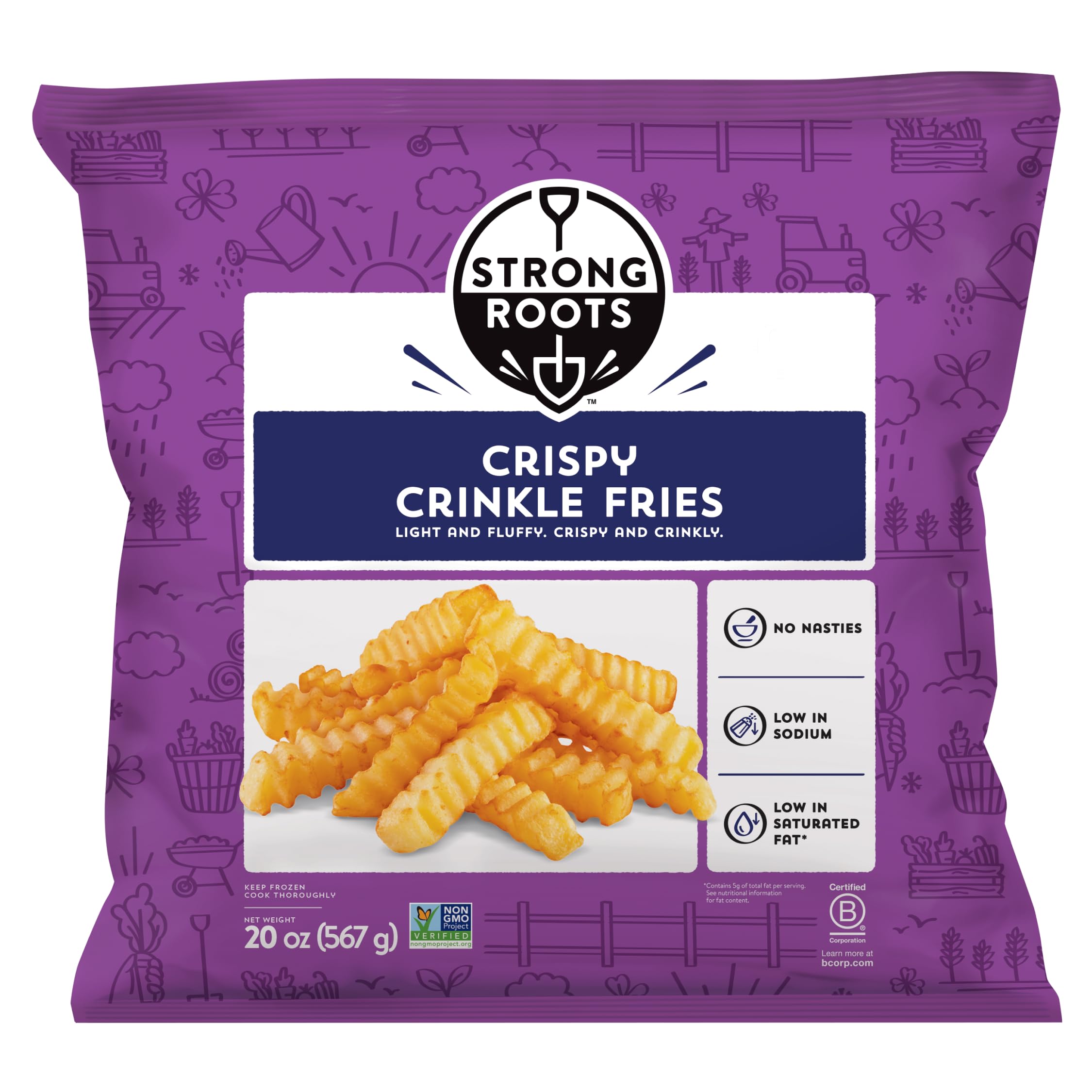Strong Roots Crispy Crinkle Fries, 20 oz., Vegan & Gluten Free Frozen Fries, Low in Sugar, Salt & Saturated Fat, No Trans Fat