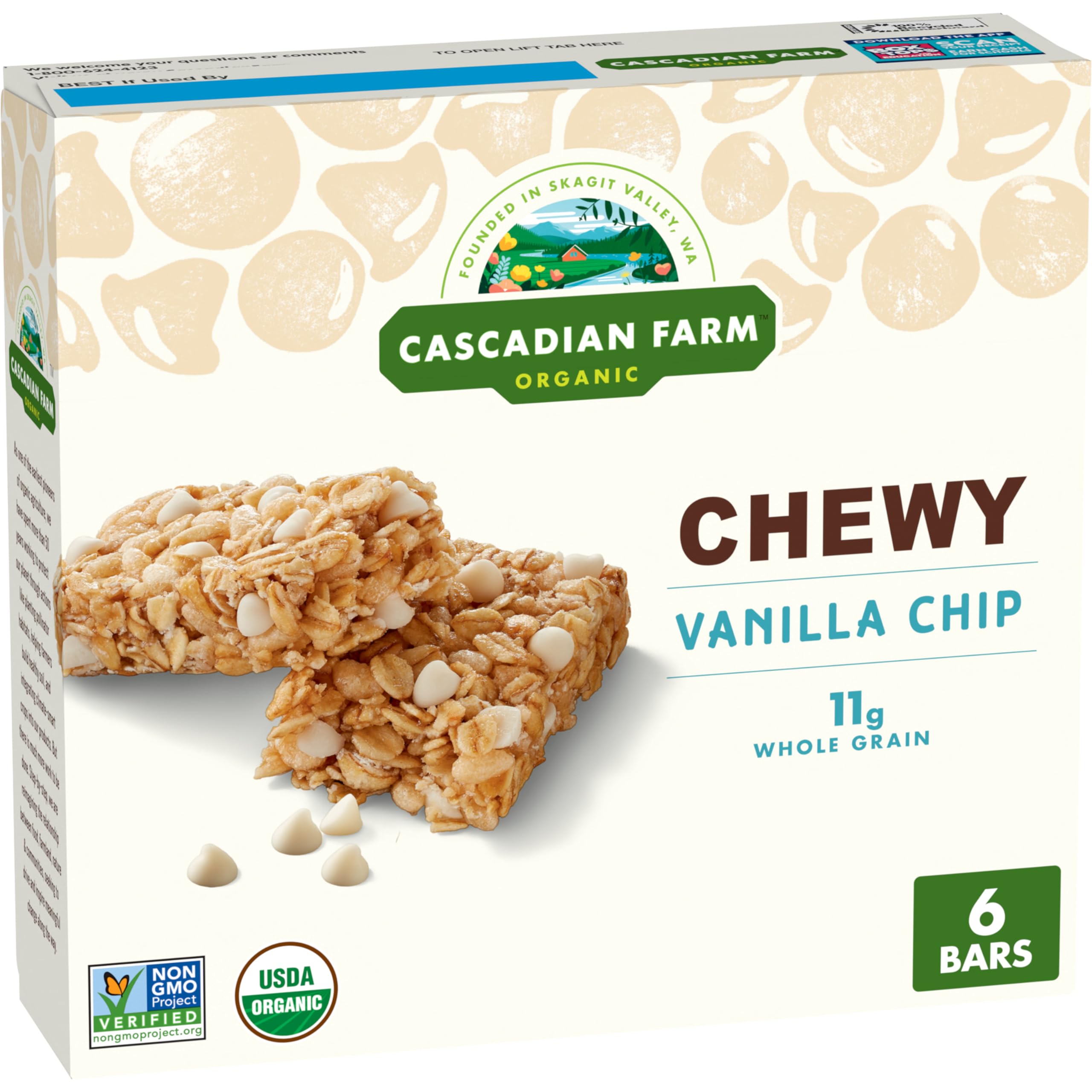 Cascadian Farm Organic Vanilla Chip Chewy Granola Bars, 6 ct, 7.4 oz | Soft & Chewy with Vanilla Chips & Rolled Oats, 18g Whole Grain per Serving, Non-GMO, Great for Lunch Boxes & Hiking