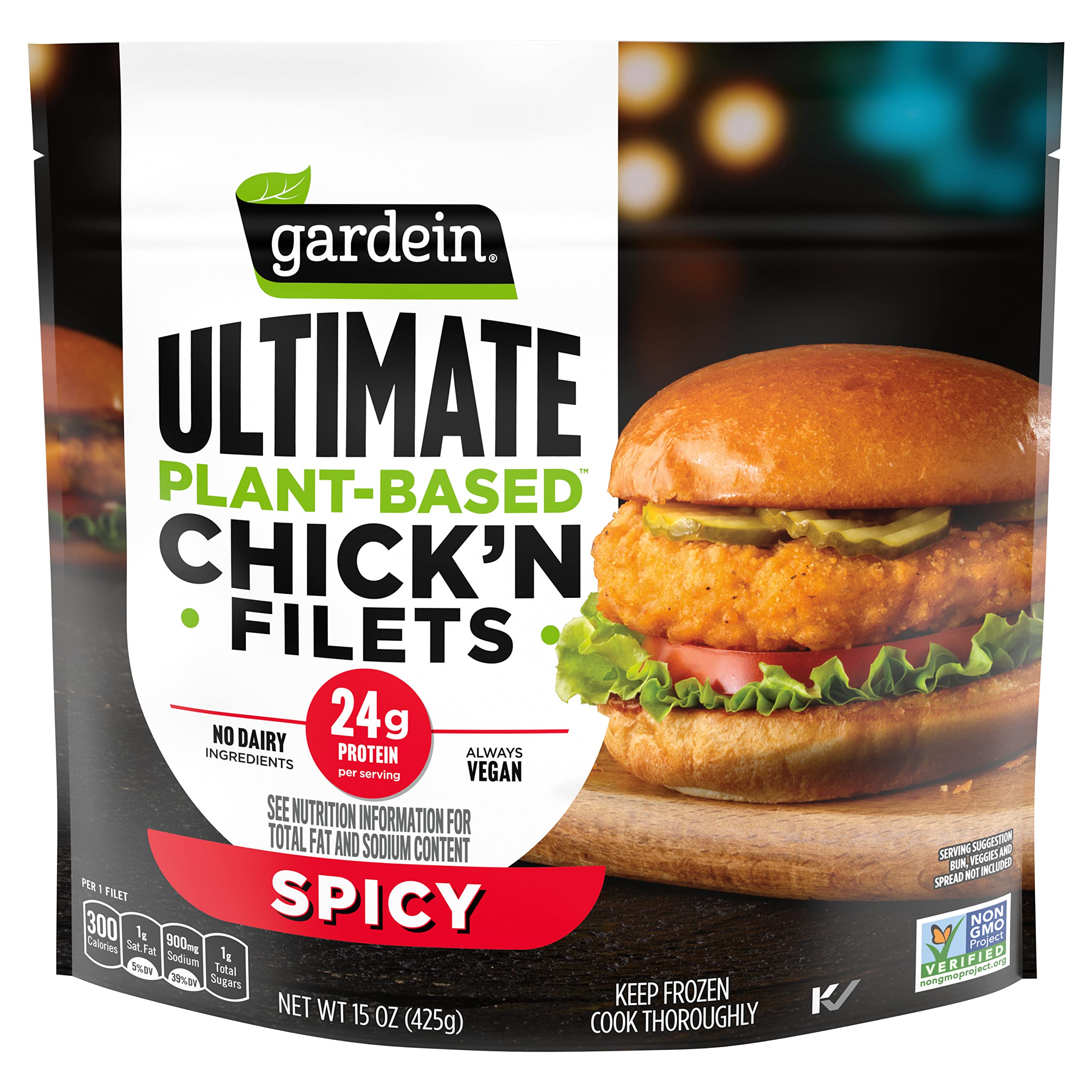 Gardein Ultimate Spicy Chick'n Filet, 15 OZ | High source of plant-based protein, 24g per serving; Frozen Meat Alternative; vegan; great for quick weeknight dinners