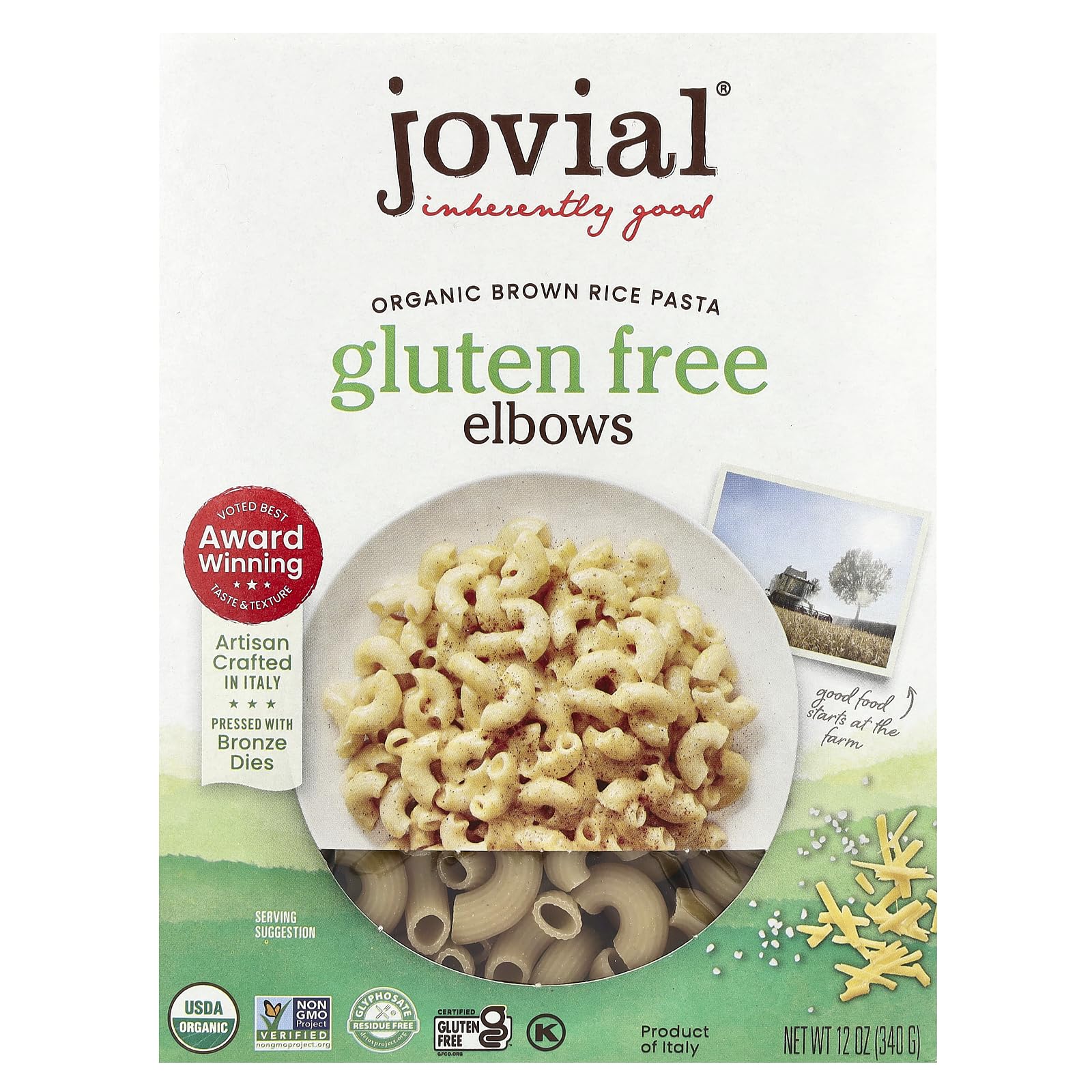 Jovial Whole Grain Brown Rice Elbows Pasta -Whole Grain, 12 Oz, 1 Pack | Made in Italy, Dairy Free, Gluteen Free