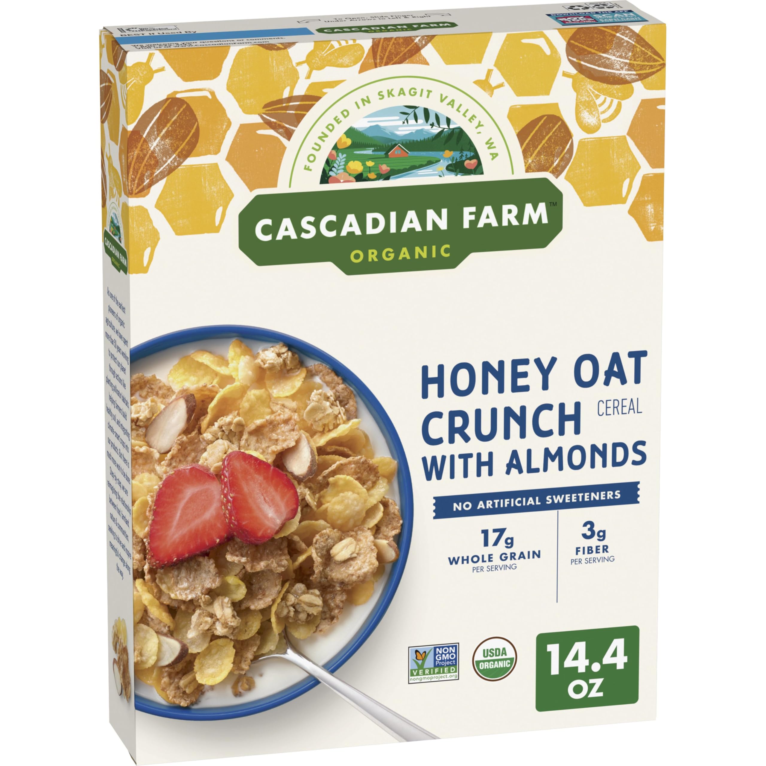 Cascadian Farm Honey Oat Crunch Cereal with Almonds, Organic, 14.4 oz | Contains Kernza Grain to Help Mitigate Climate Change; Non-GMO Project Verified; 17g Whole Grain, 3g Fiber