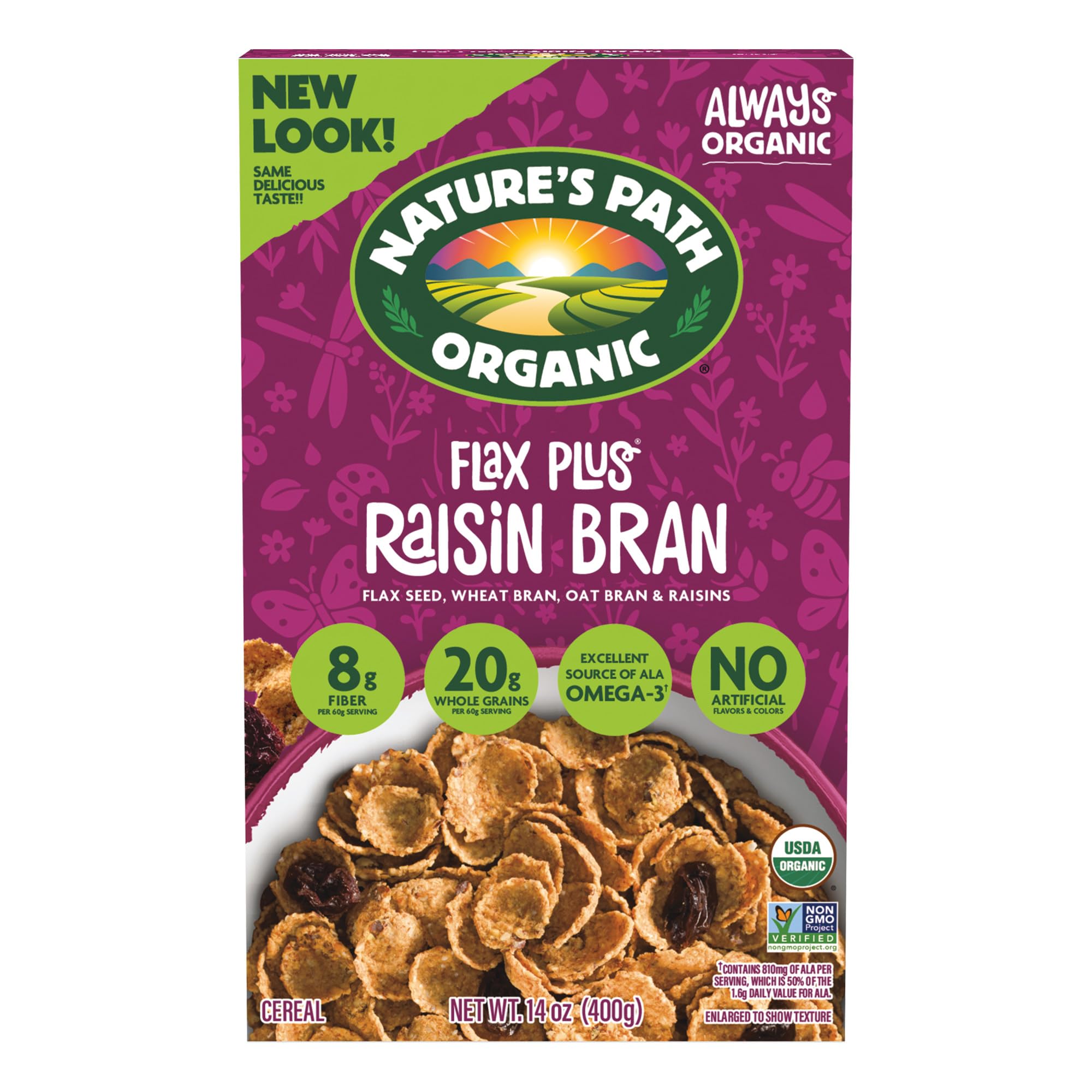 Nature's Path Organic Flax Plus Raisin Bran Cereal, 14 oz (Pack of 1) | ALA Omega-3 & 8g Fiber: Whole grain flakes with flax seed, wheat bran and oat bran, no artificial flavors or colors