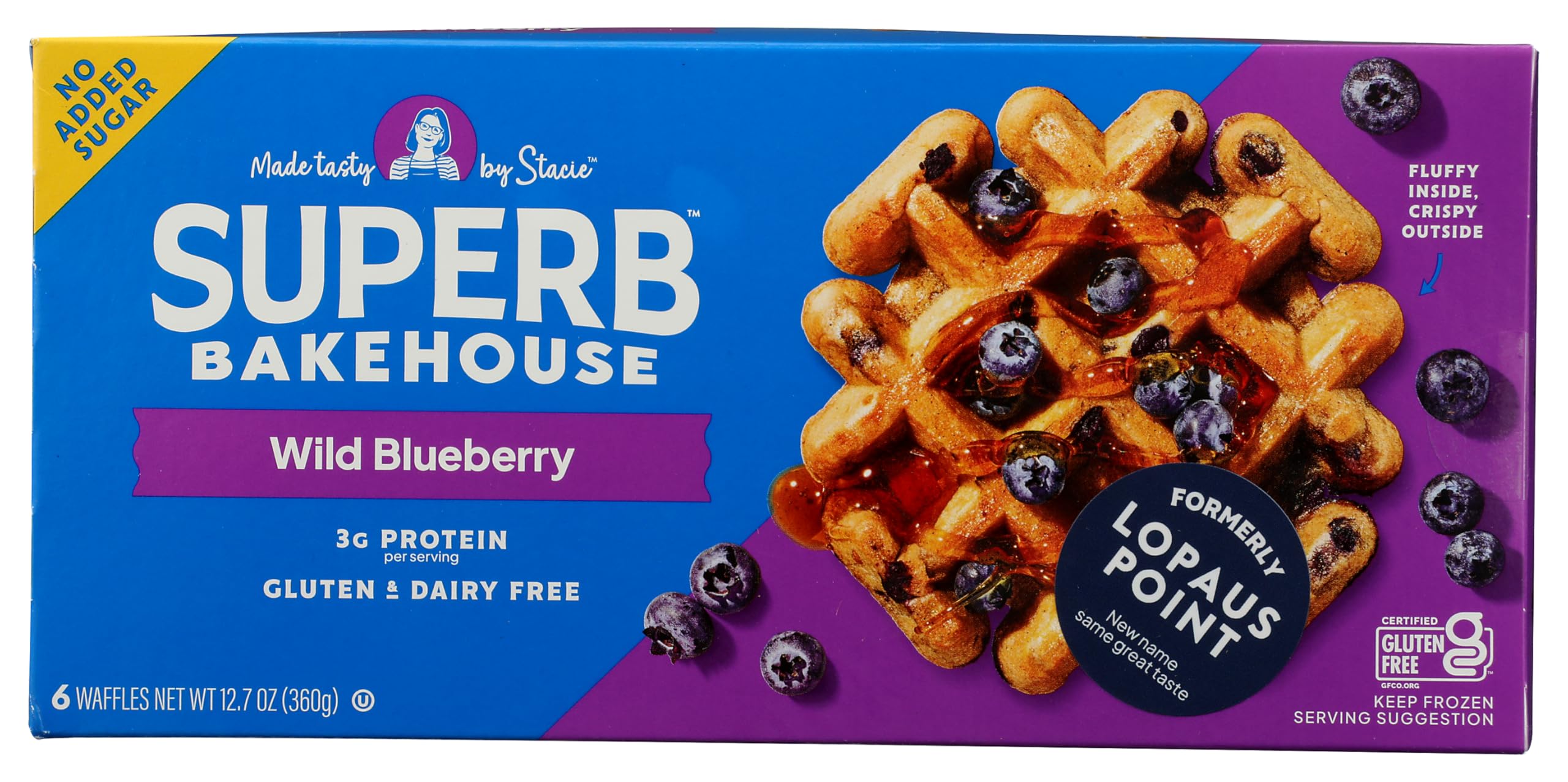Superb Bakehouse Wild Blueberry Waffles No Added Sugar, Gluten Free, 6 Servings Per Carton