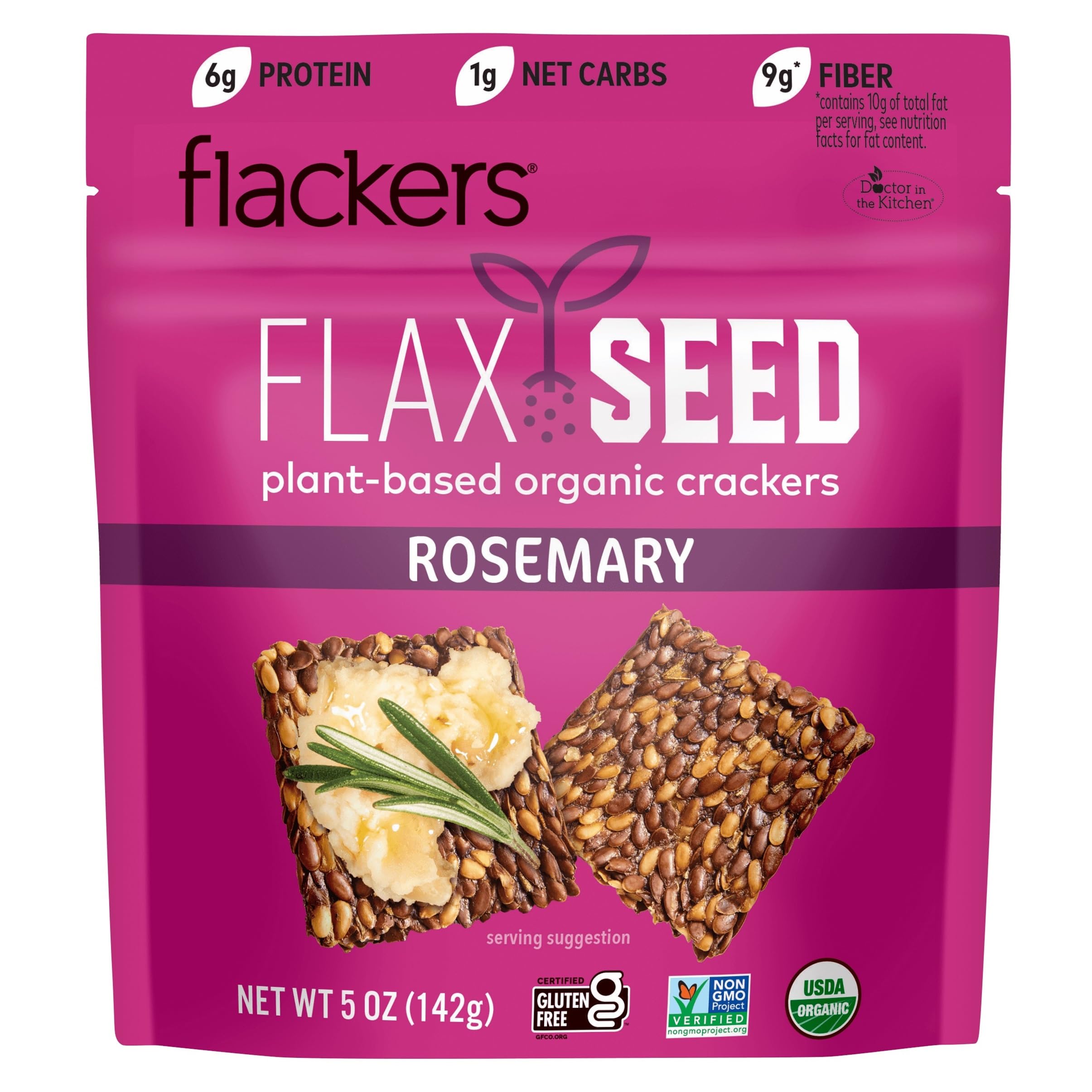 Flackers Organic Rosemary Flaxseed Crackers, 5 Ounce 1-Pack | Organic, Gluten Free, Non-GMO, Vegan, Keto Snack, 9g Fiber, 1g Net Carbs