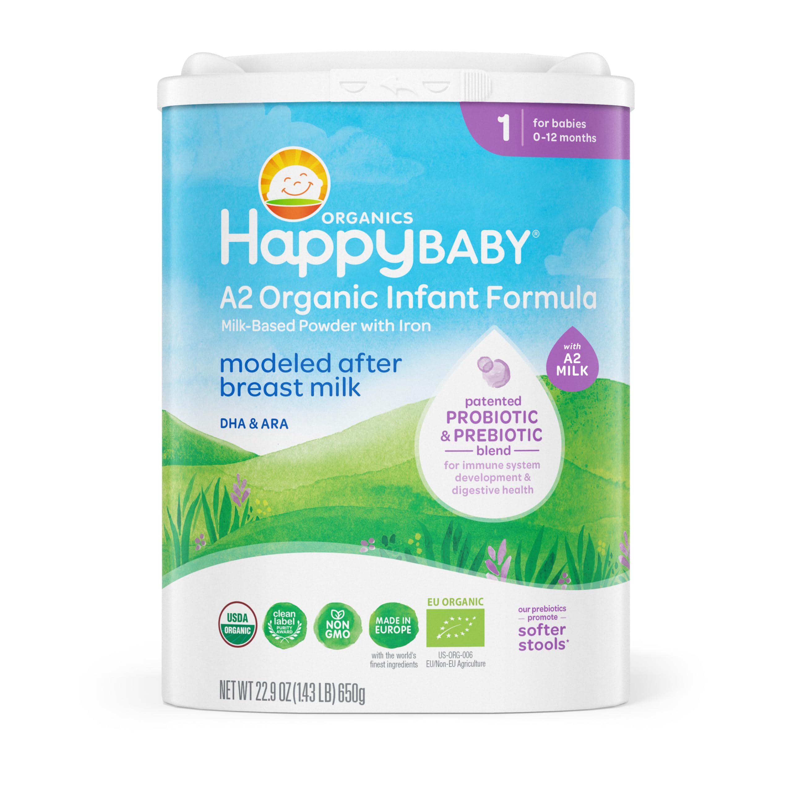 HAPPY BABY Stage 1 A2, 0-12 Months, Organic Infant Formula, 22.9oz (1 Pack) | USDA Organic Baby Formula with A2 Milk Protein for Easy Digestion, Probiotics & Prebiotics for Immune Support, Non-GMO