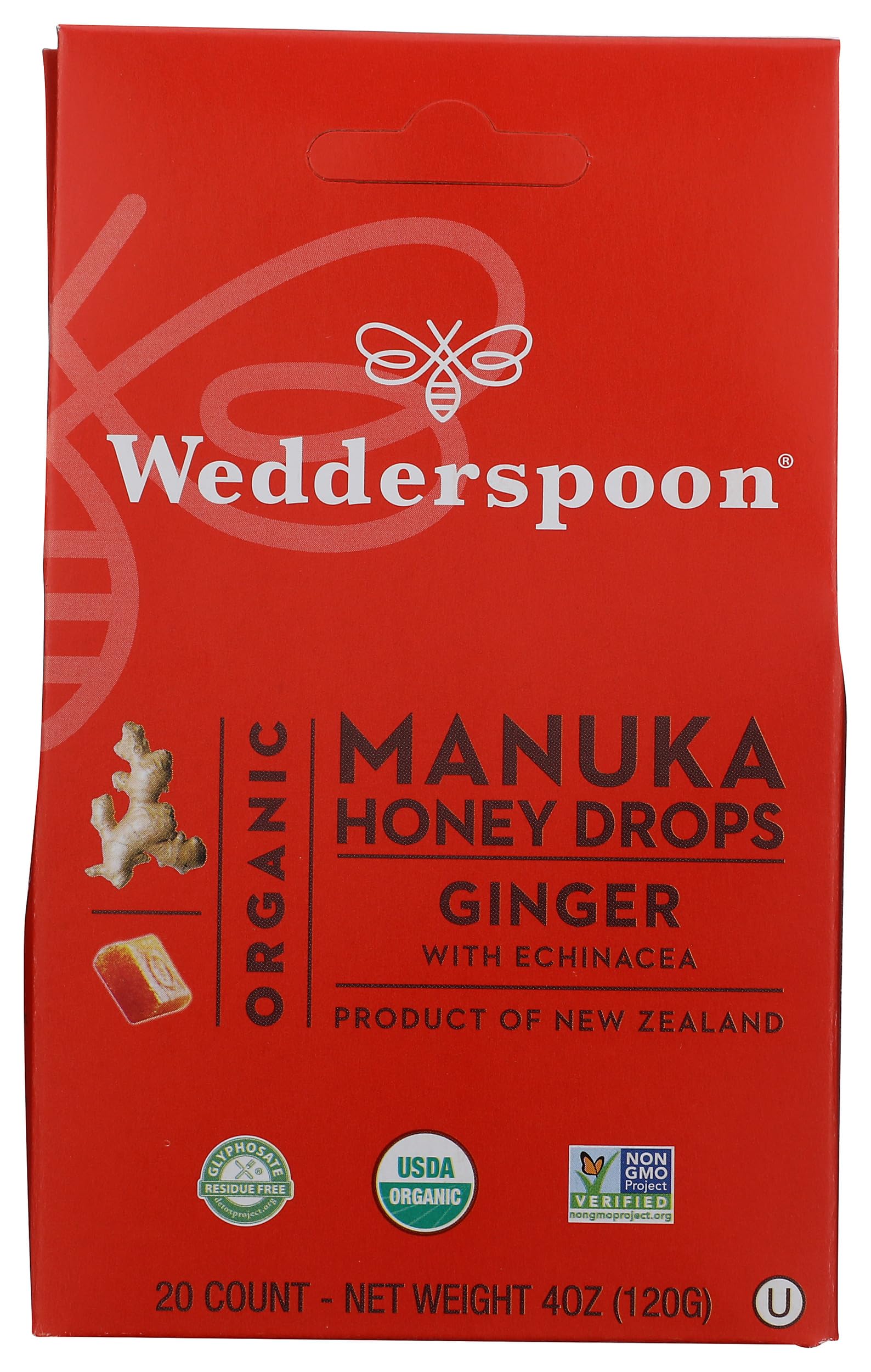 Wedderspoon Organic Manuka Honey Drops, Ginger & Echinacea, 20 Count | USDA Organic | Genuine New Zealand Honey, Natural Remedy for Dry Throat